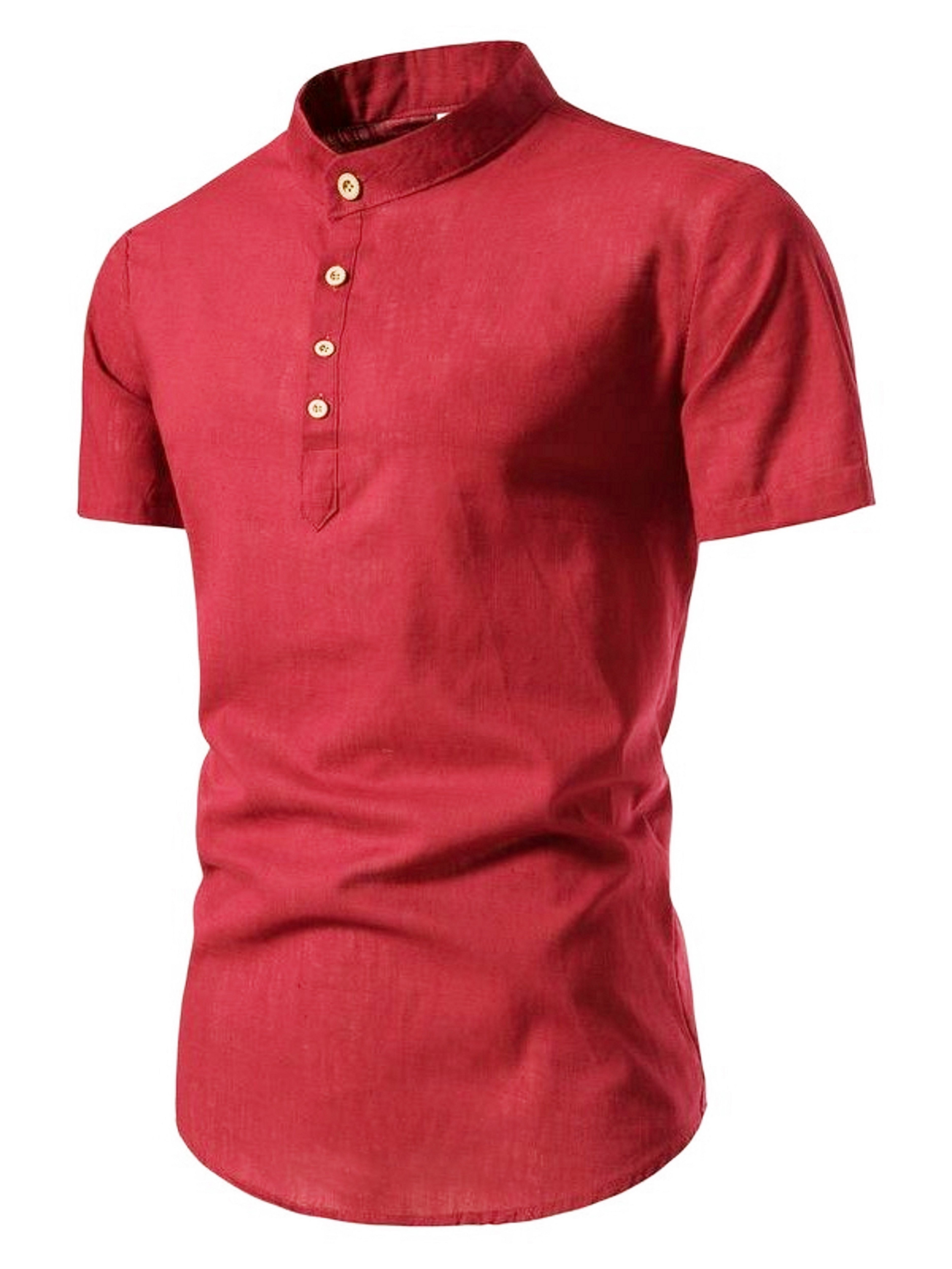 Men Red Plain Short Sleeve Mandarin Collar Shirt