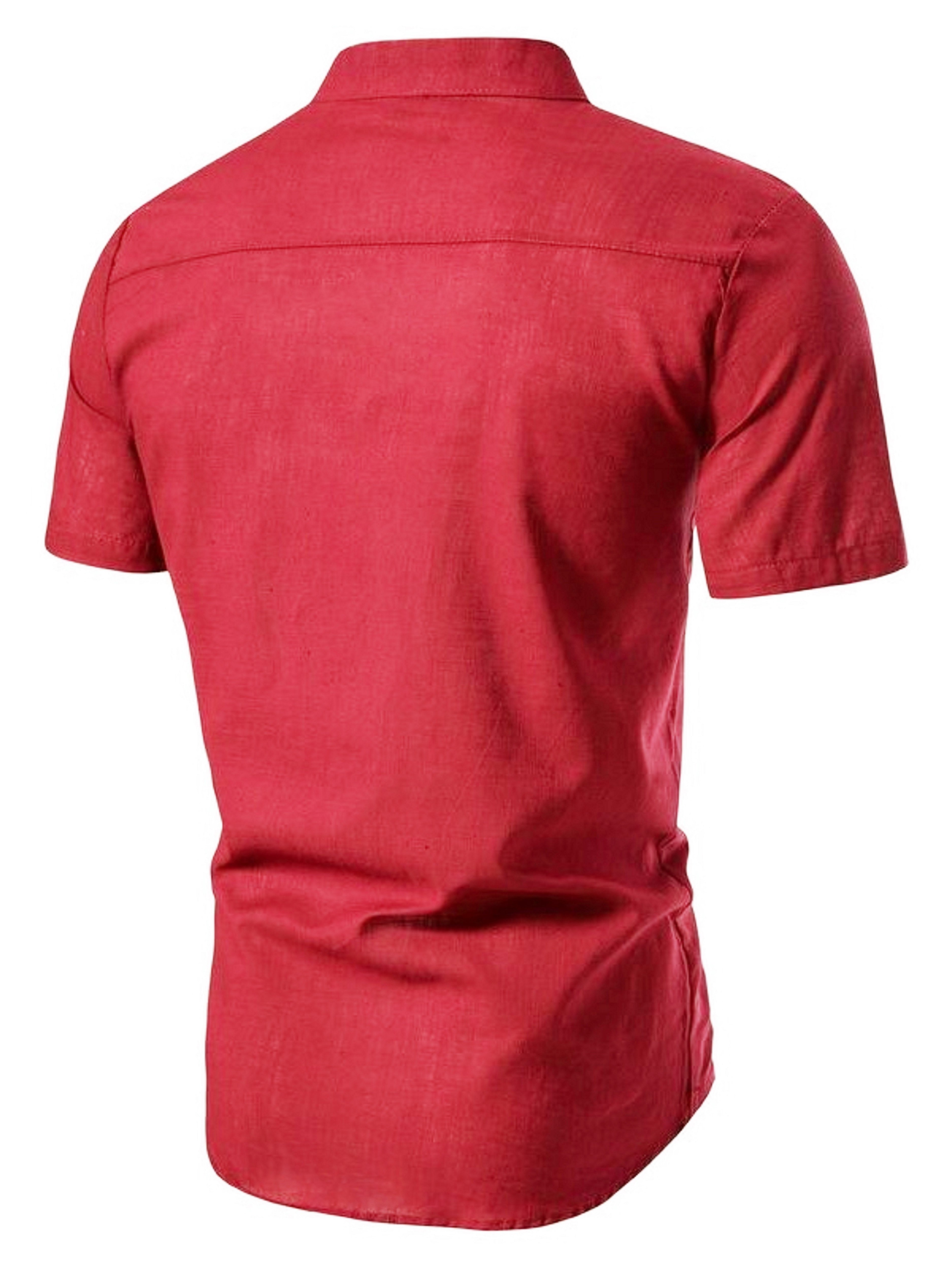 Men Red Plain Short Sleeve Mandarin Collar Shirt
