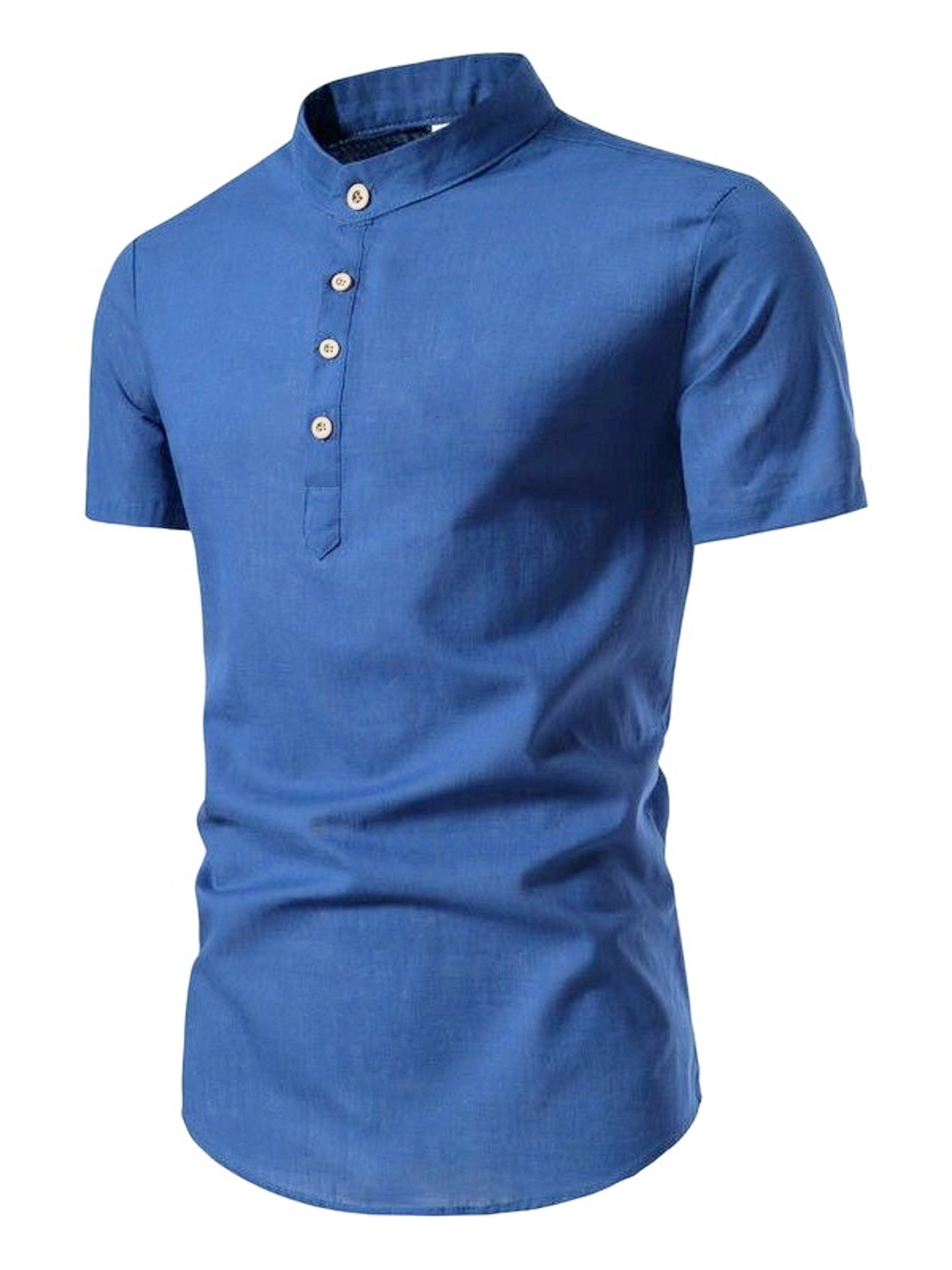Men Blue Plain Short Sleeve Shirt with Spread Collar