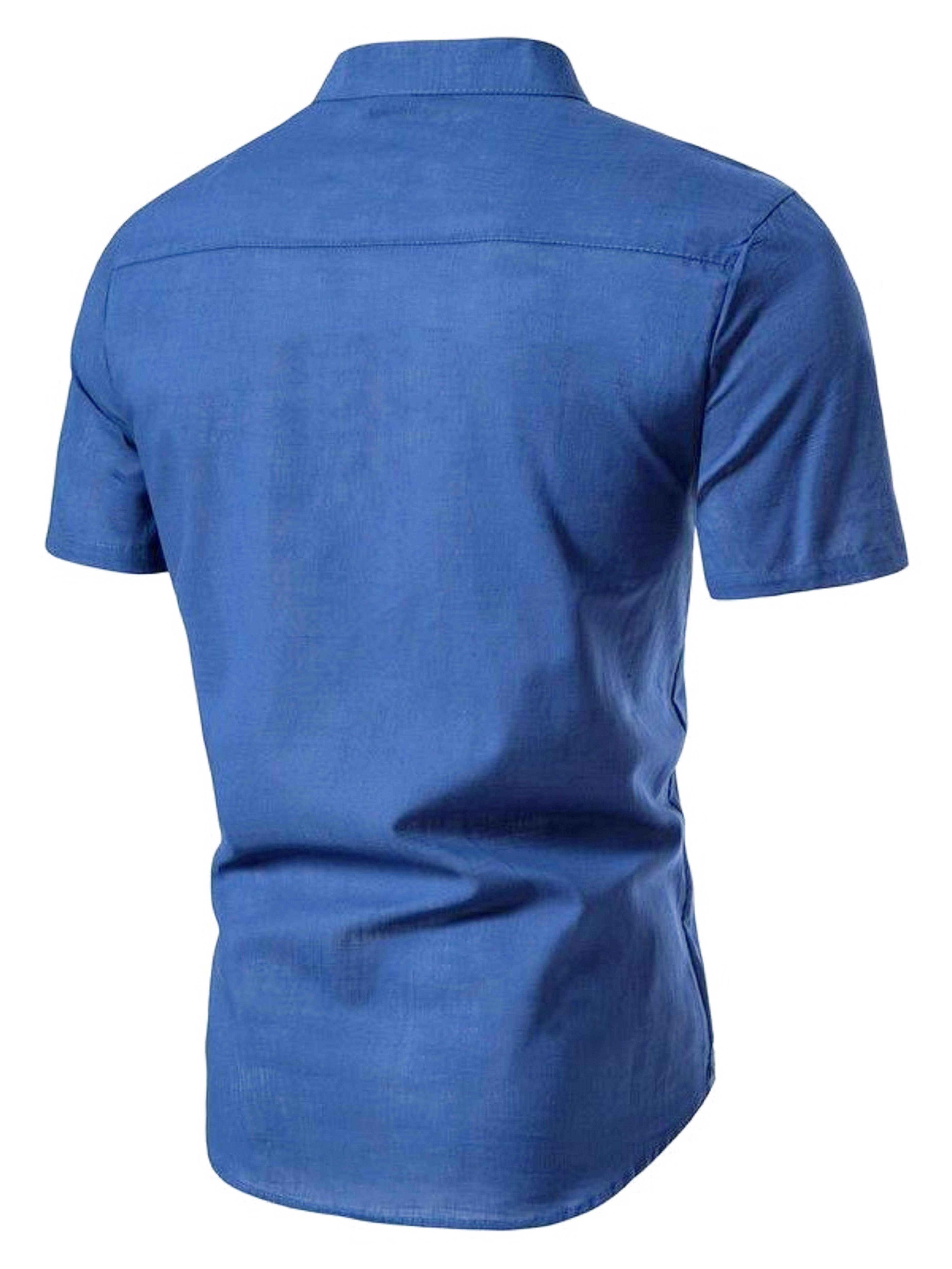 Men Blue Plain Short Sleeve Shirt with Spread Collar