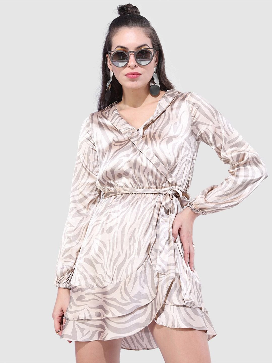 Beige Printed V Neck Wrap Mini Dress
