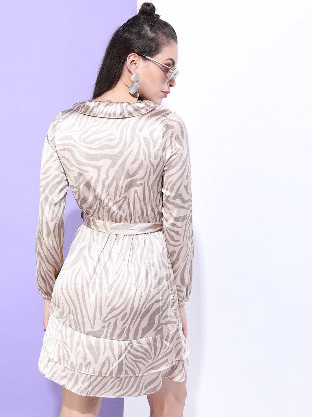 Beige Printed V Neck Wrap Mini Dress