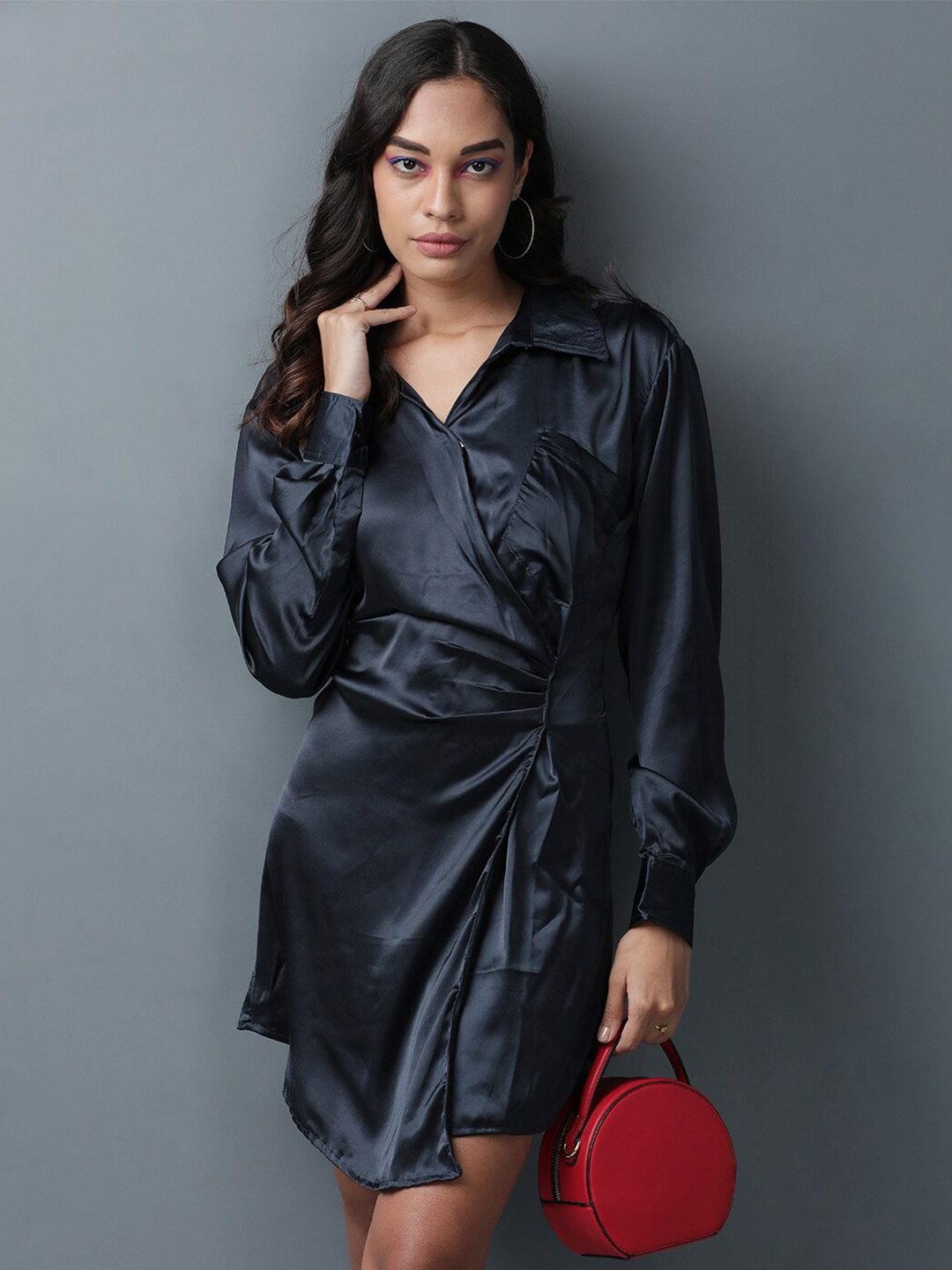Navy Blue Solid Collared Shirt Mini Dress
