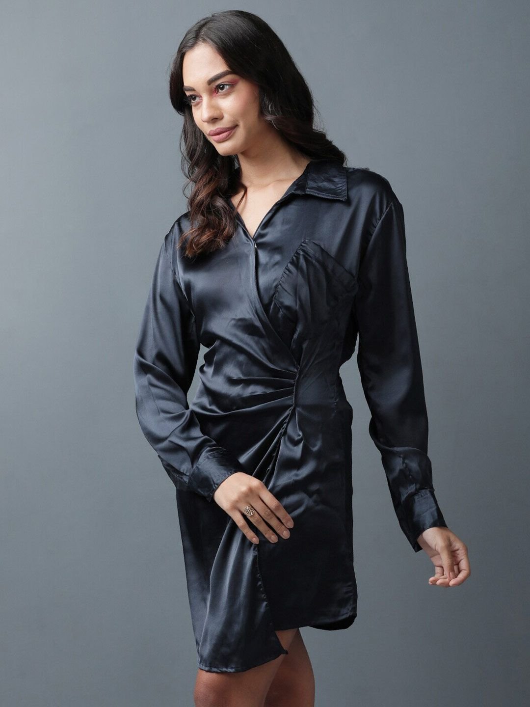 Navy Blue Solid Collared Shirt Mini Dress