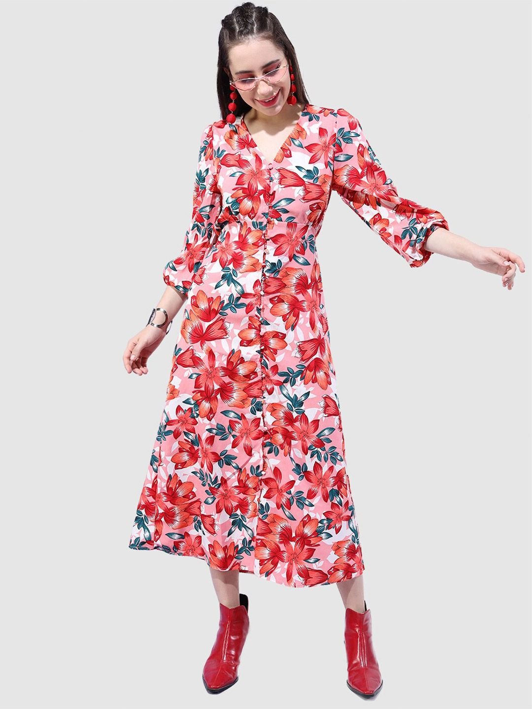 Multi Printed V Neck A-Line Midi Dress