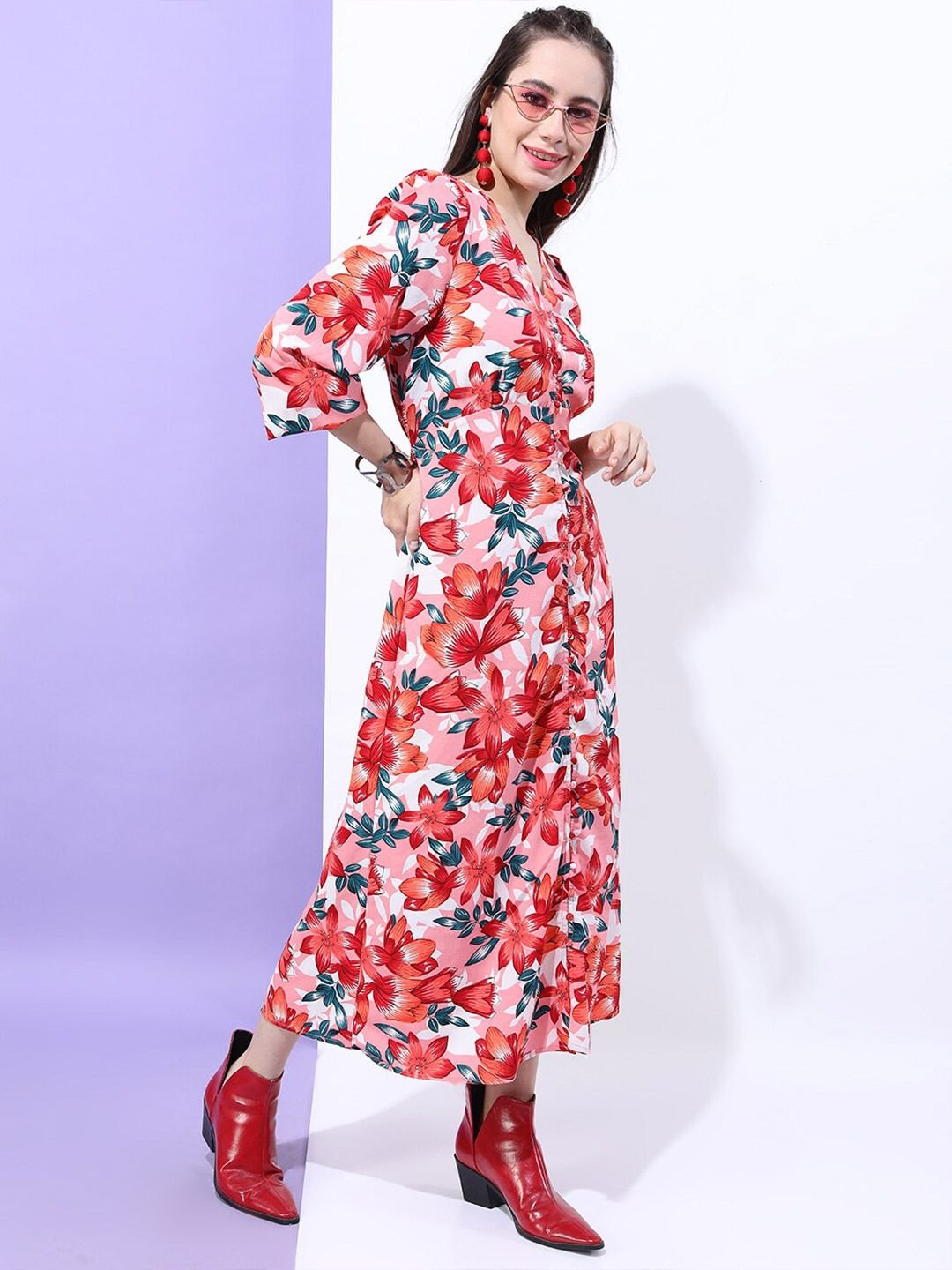 Multi Printed V Neck A-Line Midi Dress