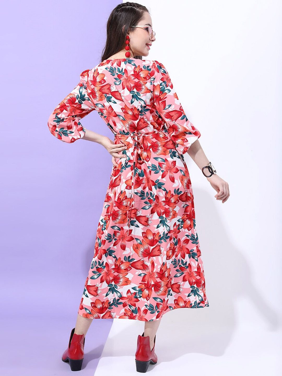 Multi Printed V Neck A-Line Midi Dress