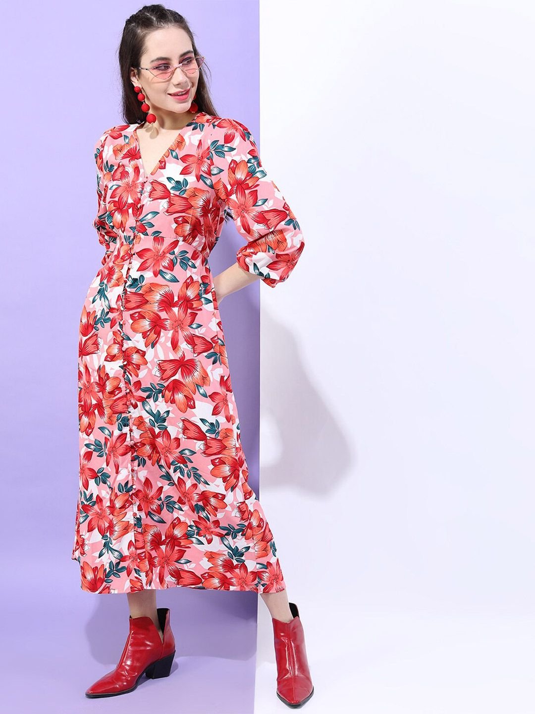 Multi Printed V Neck A-Line Midi Dress