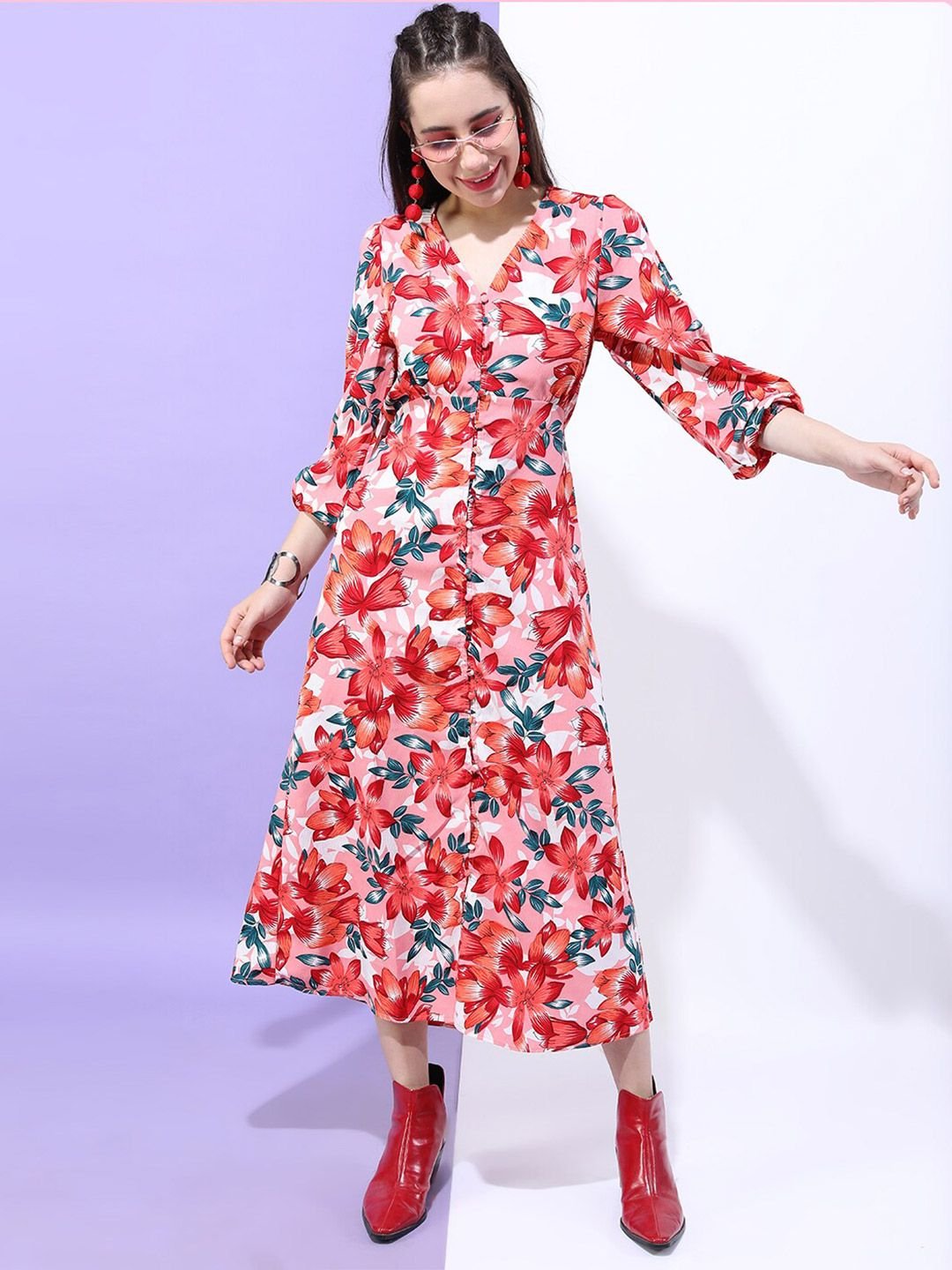 Multi Printed V Neck A-Line Midi Dress