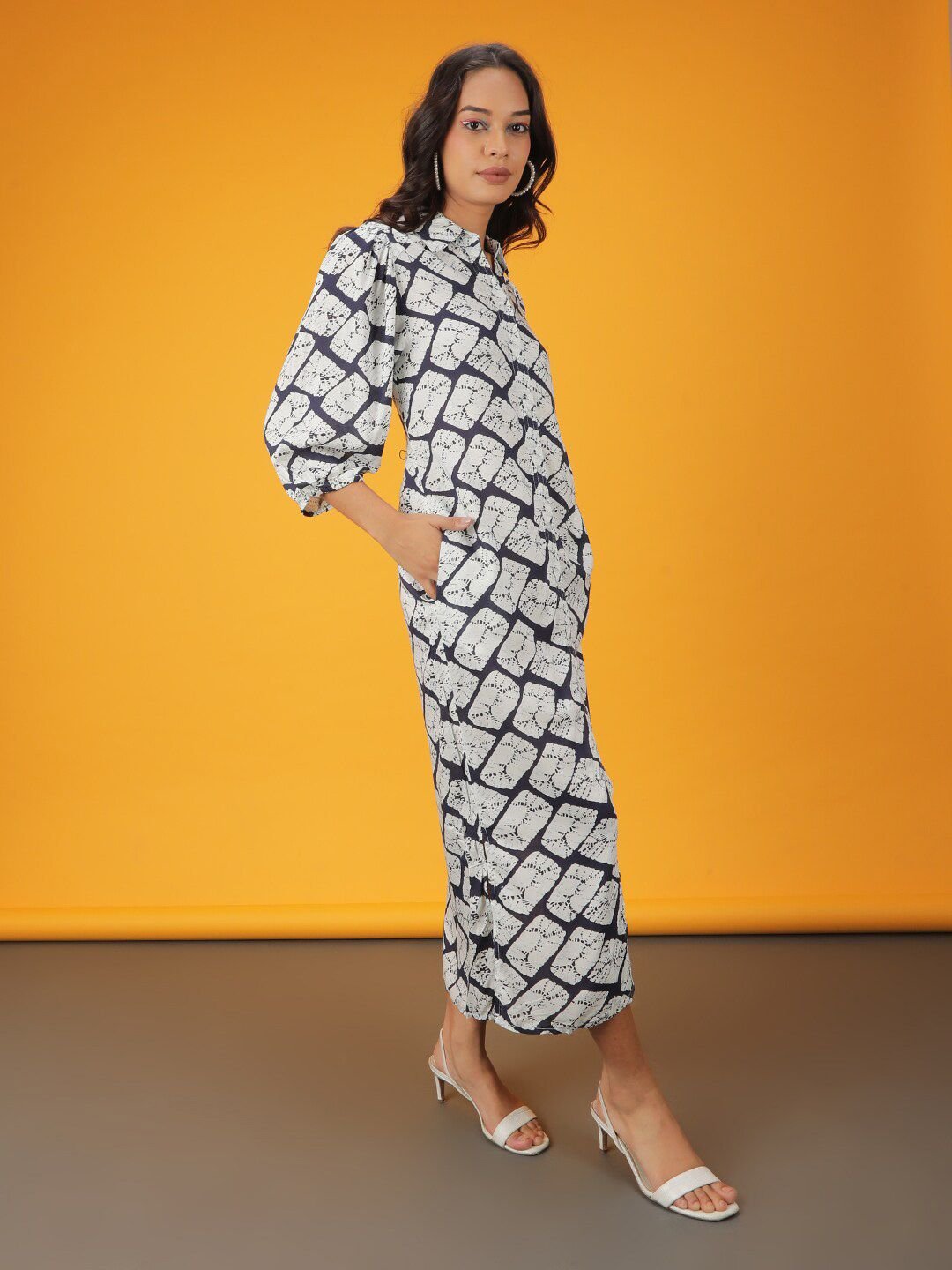 Multi Printed Collared Shirt Midi Dress