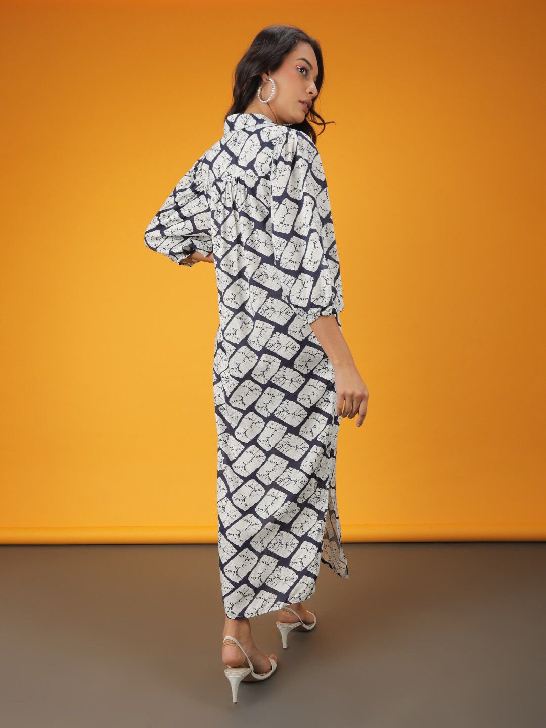 Multi Printed Collared Shirt Midi Dress