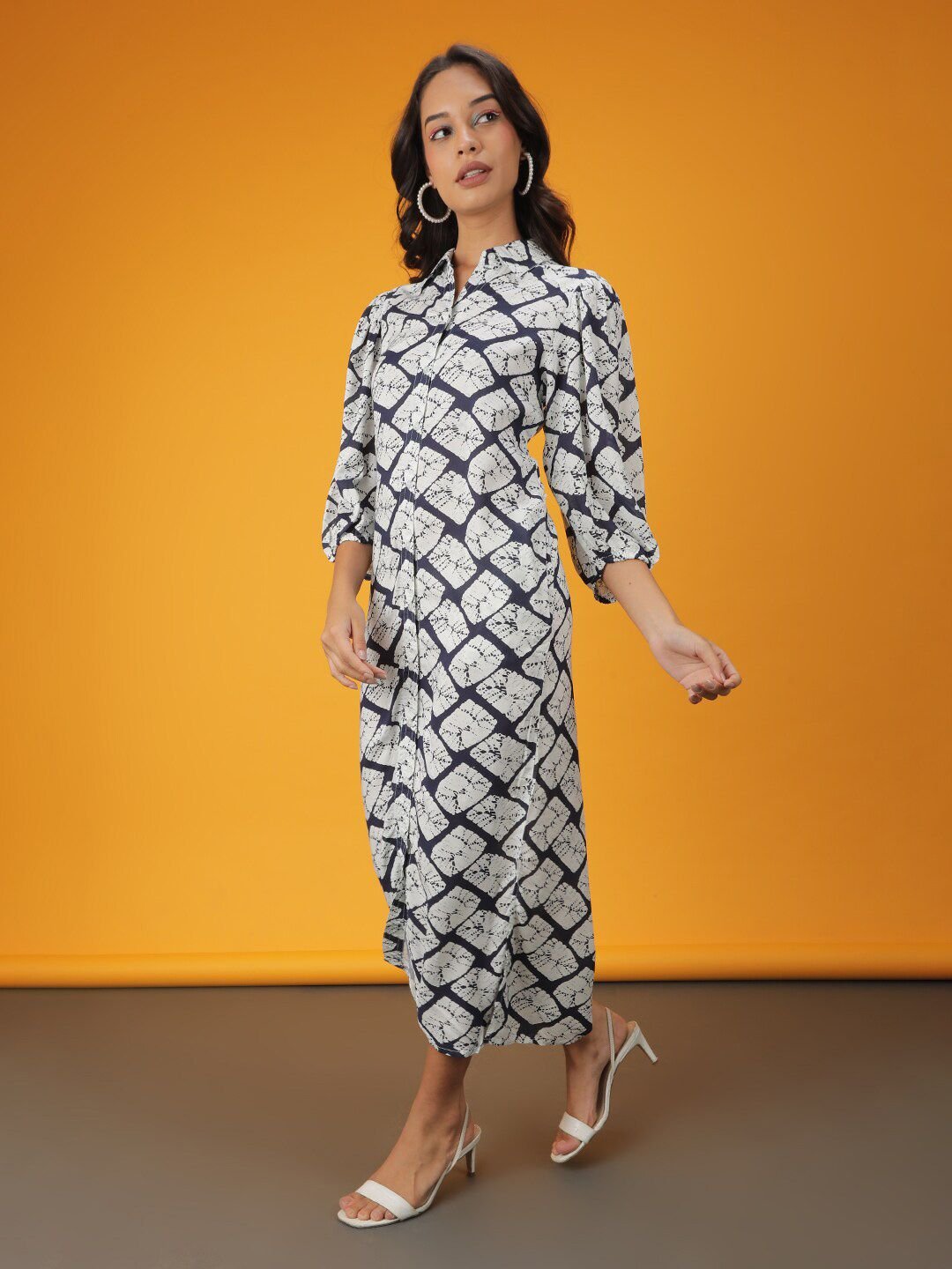 Multi Printed Collared Shirt Midi Dress