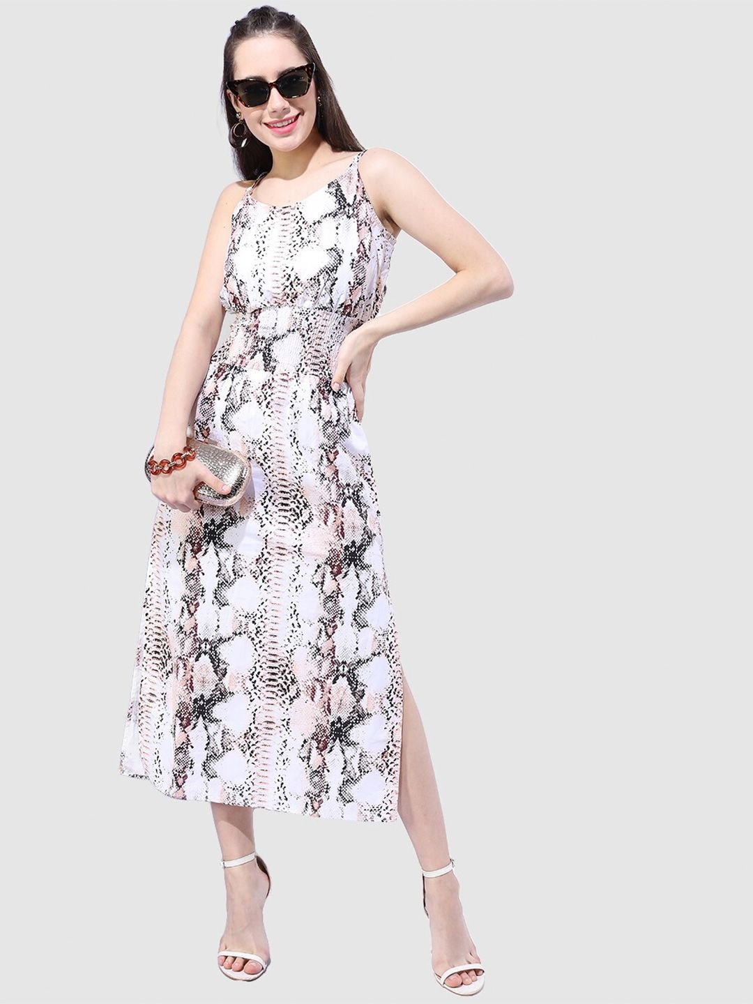 Multi Printed Scoop Neck Slip Midi Dress