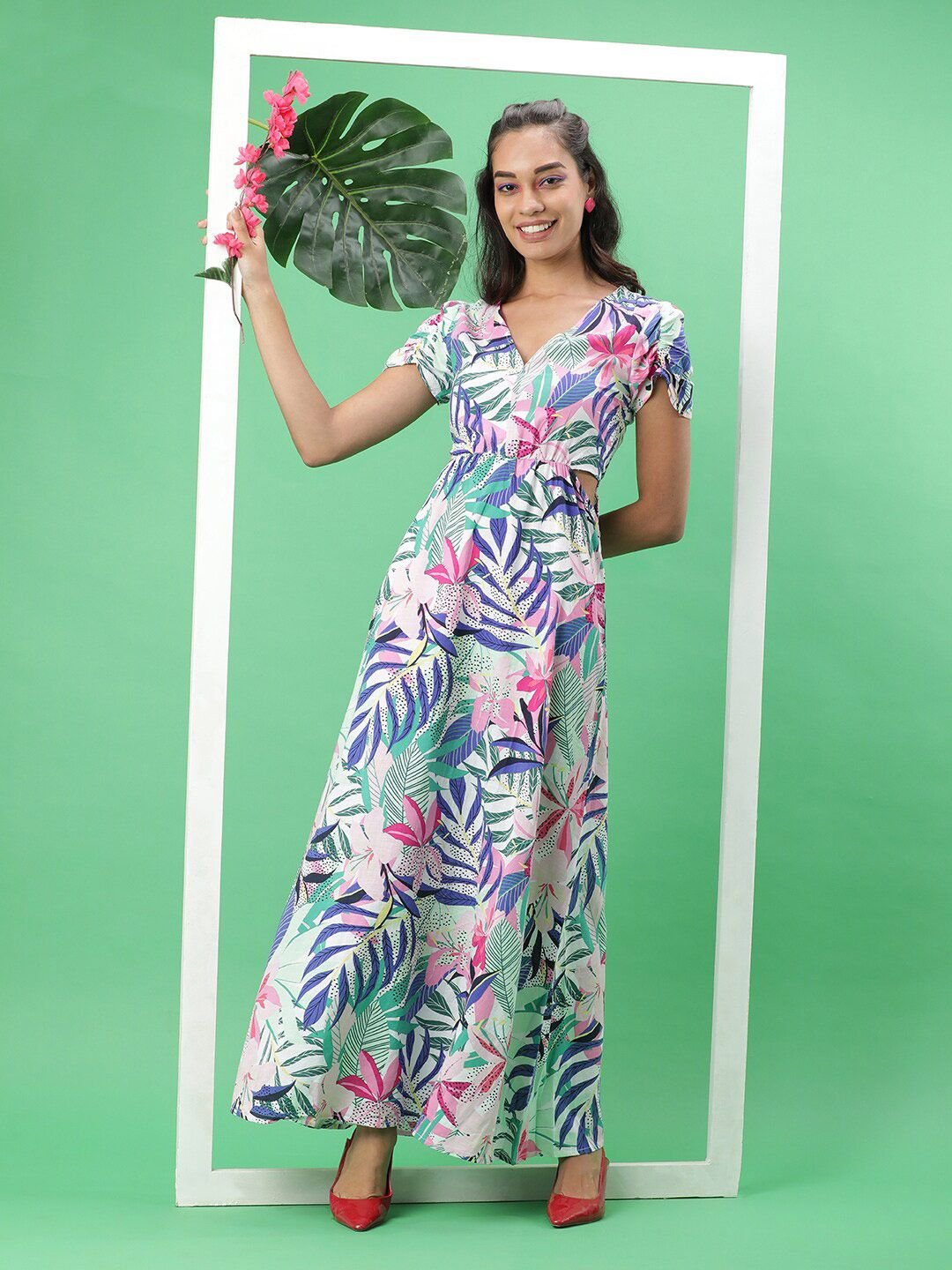 Multi Printed V Neck A-Line Maxi Dress