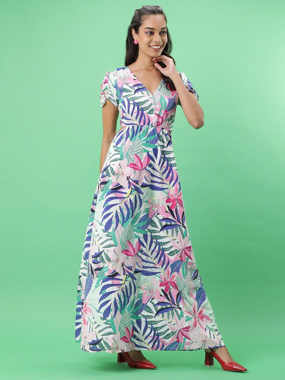Multi Printed V Neck A-Line Maxi Dress