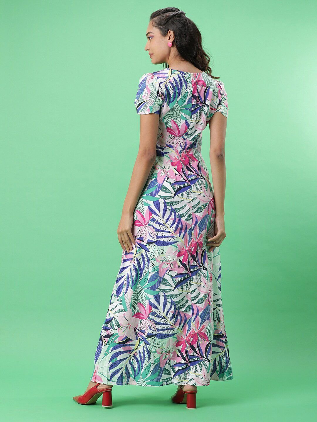 Multi Printed V Neck A-Line Maxi Dress