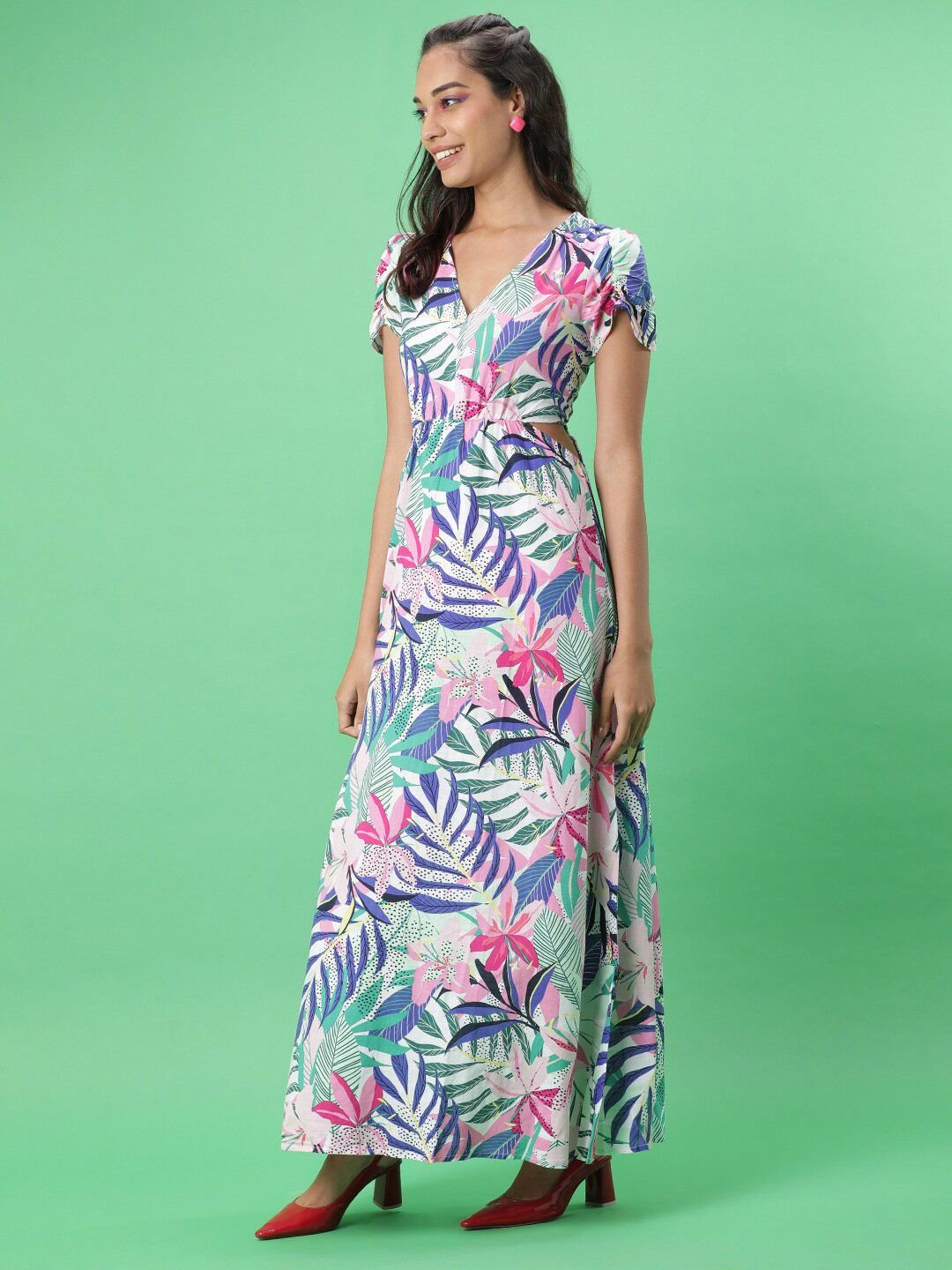 Multi Printed V Neck A-Line Maxi Dress