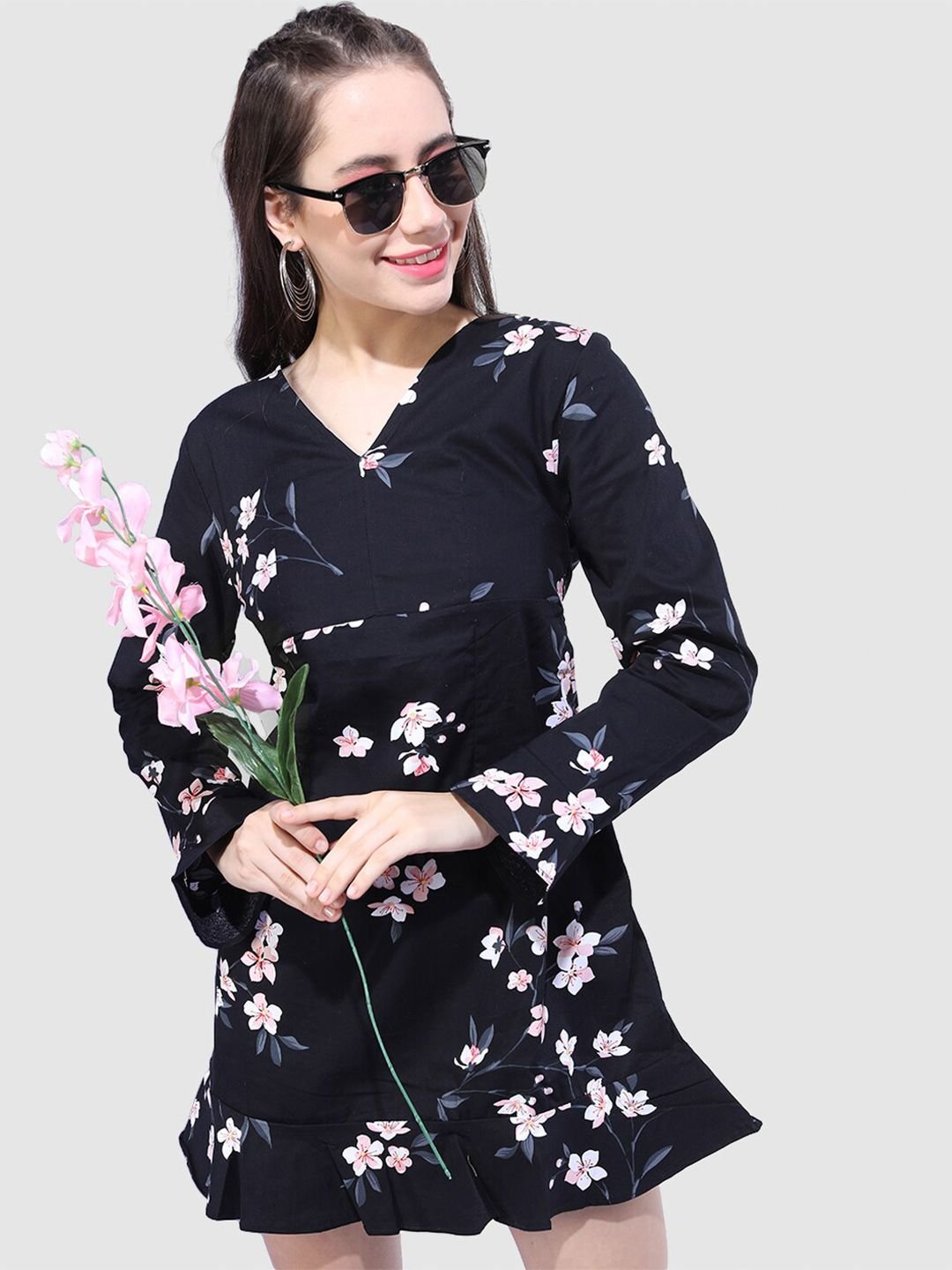 Black Printed V Neck A-Line Mini Dress