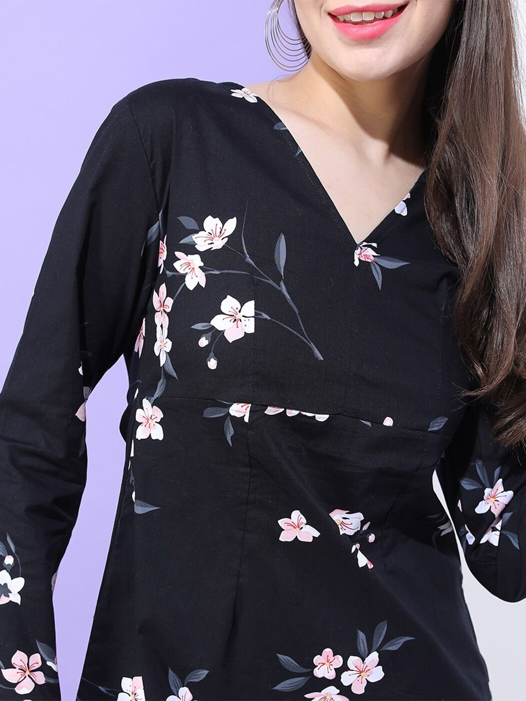Black Printed V Neck A-Line Mini Dress