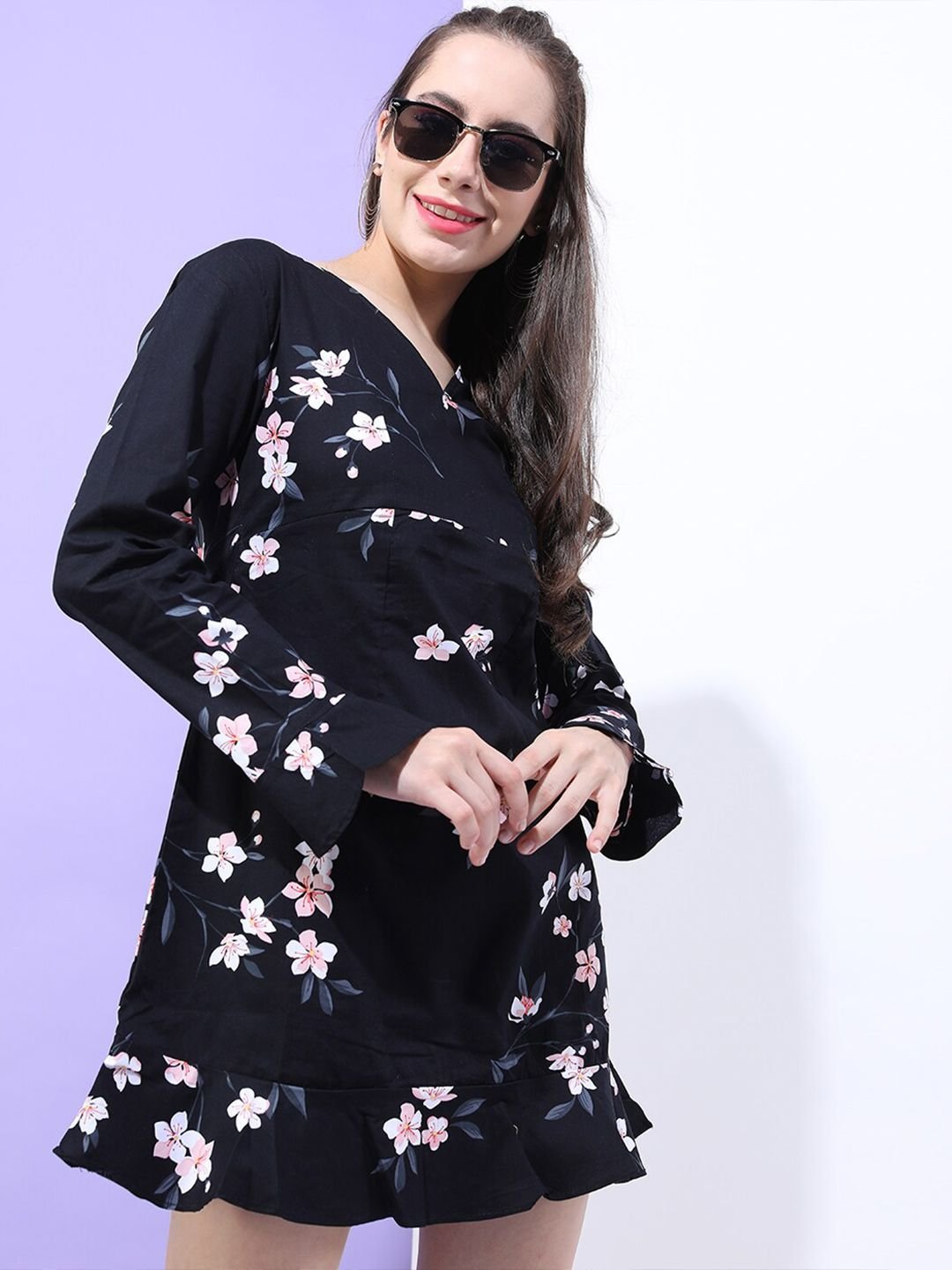 Black Printed V Neck A-Line Mini Dress