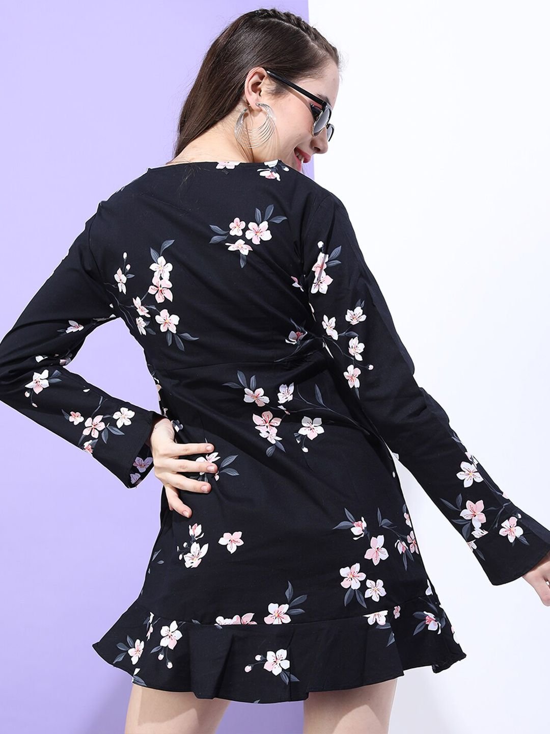 Black Printed V Neck A-Line Mini Dress