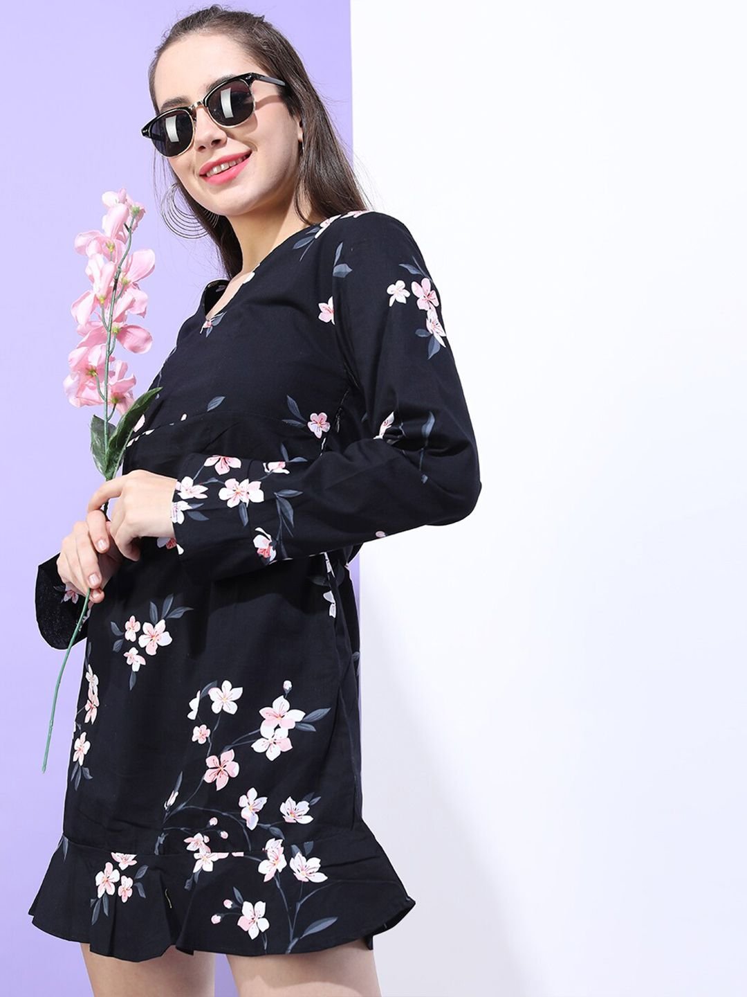 Black Printed V Neck A-Line Mini Dress