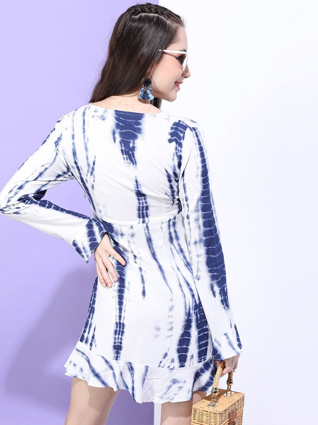 Blue Dyed V Neck A-Line Mini Dress