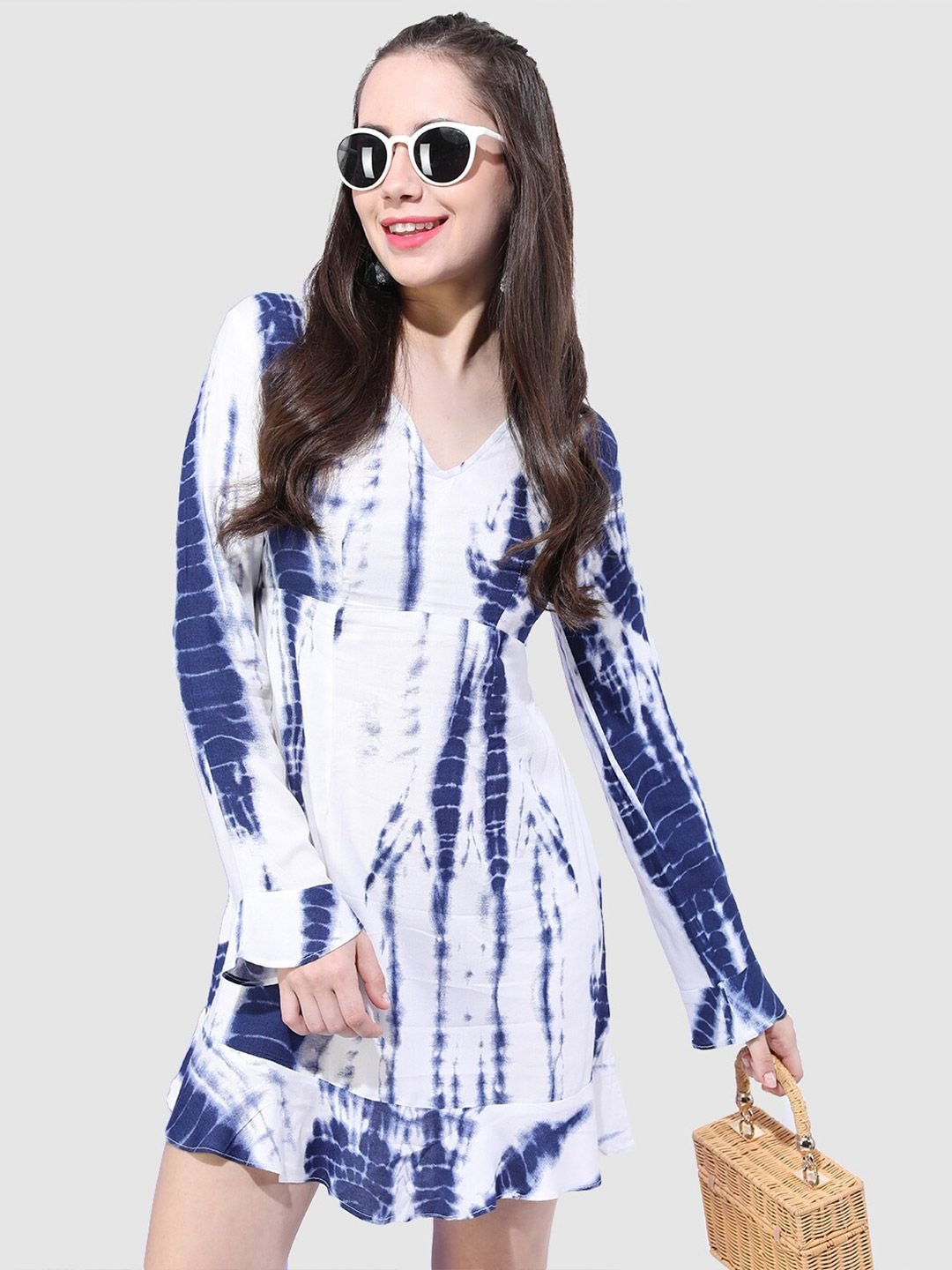 Blue Dyed V Neck A-Line Mini Dress