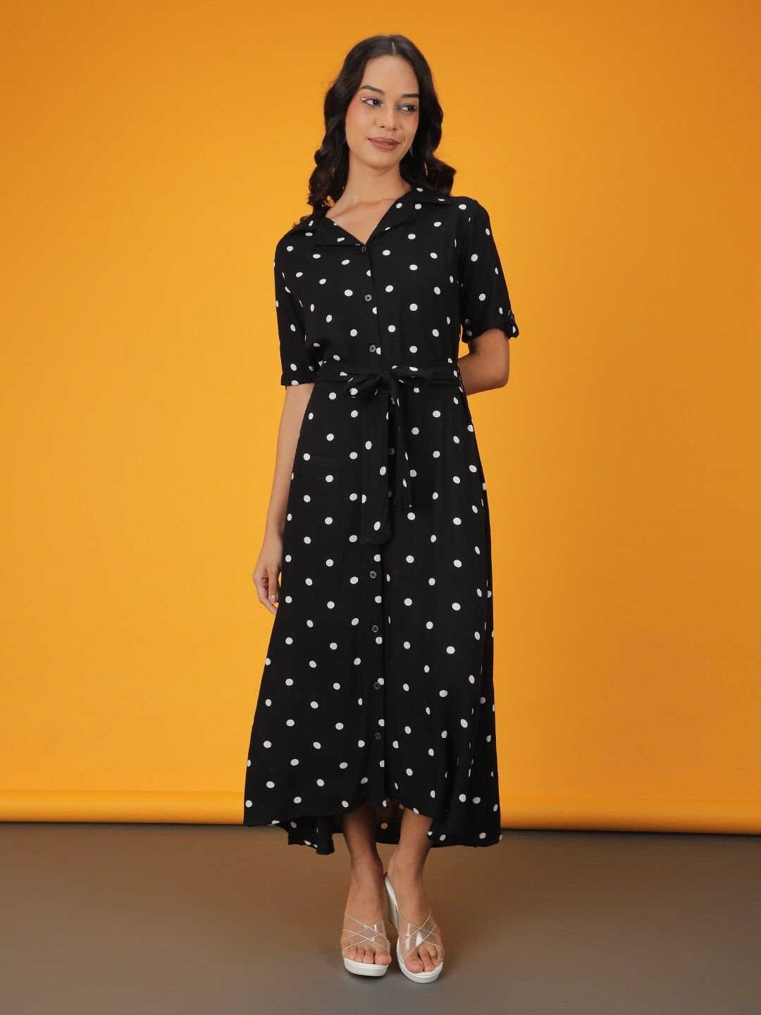 Black Printed Collared A-Line Maxi Dress
