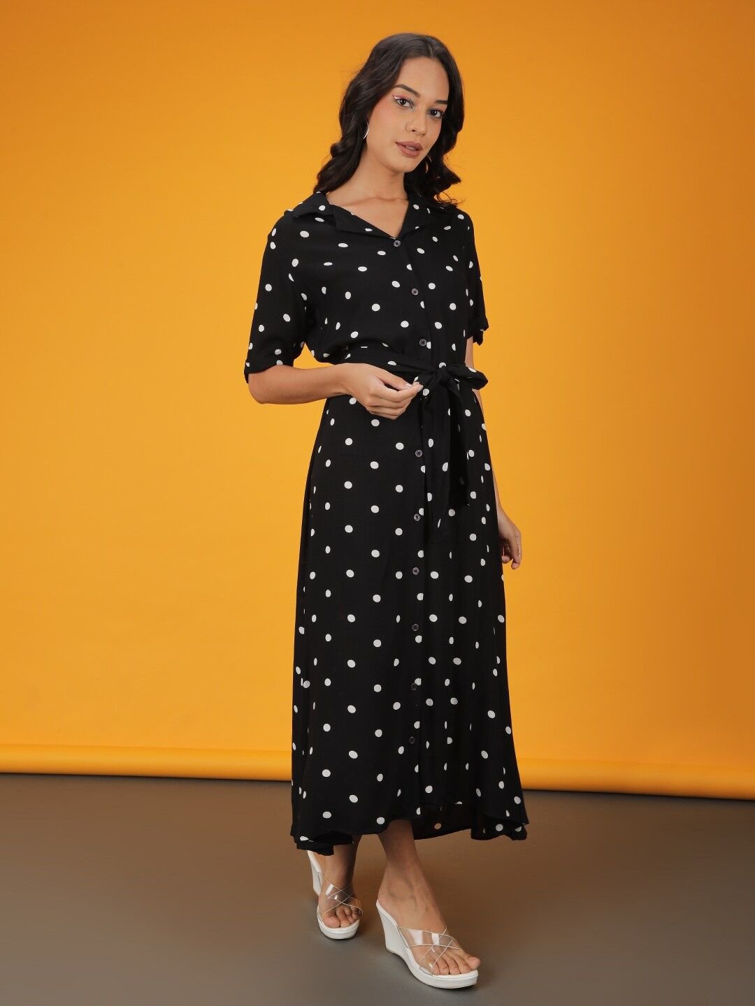 Black Printed Collared A-Line Maxi Dress
