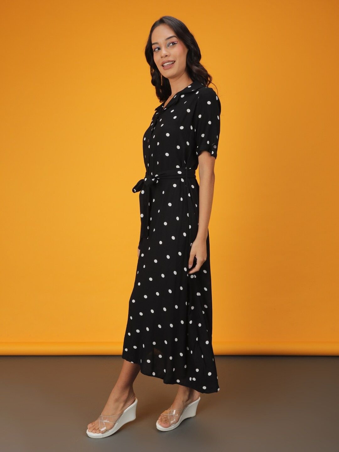 Black Printed Collared A-Line Maxi Dress