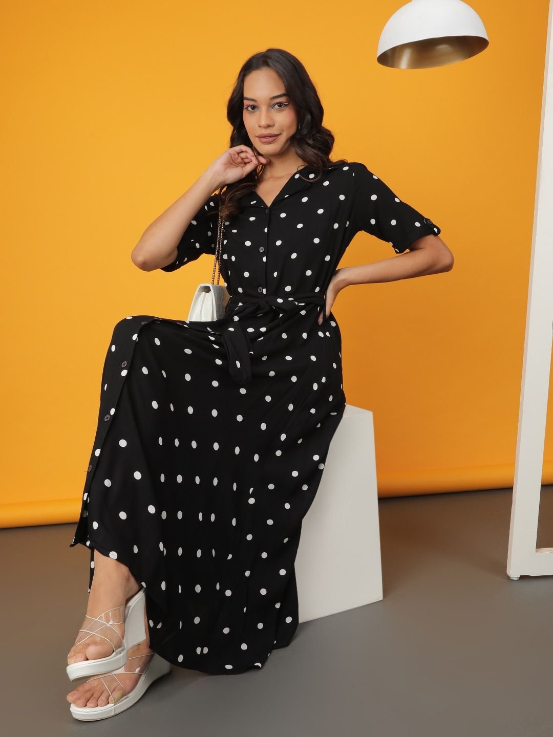 Black Printed Collared A-Line Maxi Dress
