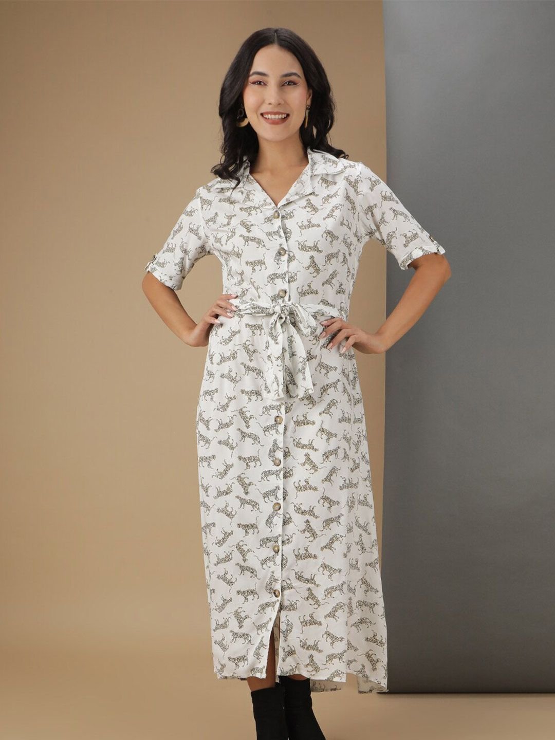 White Printed Collared Shirt Midi Dress