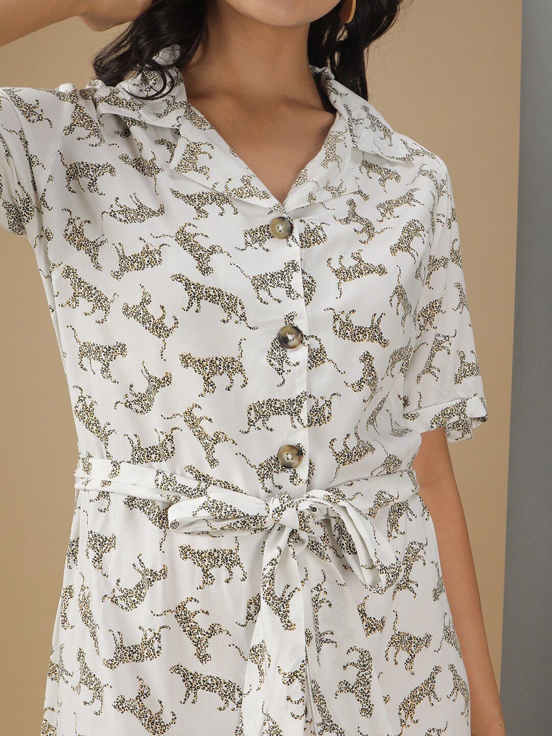 White Printed Collared Shirt Midi Dress
