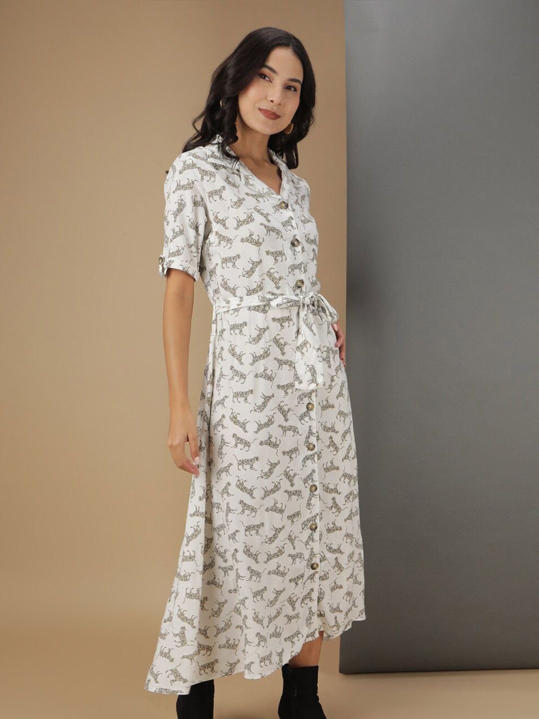 White Printed Collared Shirt Midi Dress