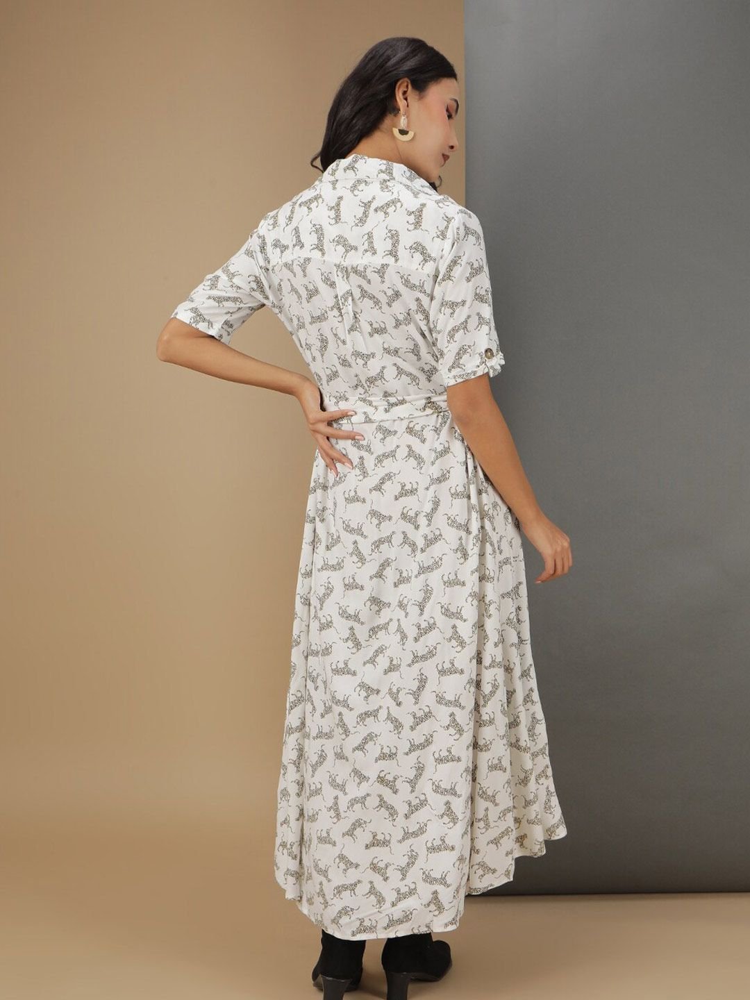 White Printed Collared Shirt Midi Dress