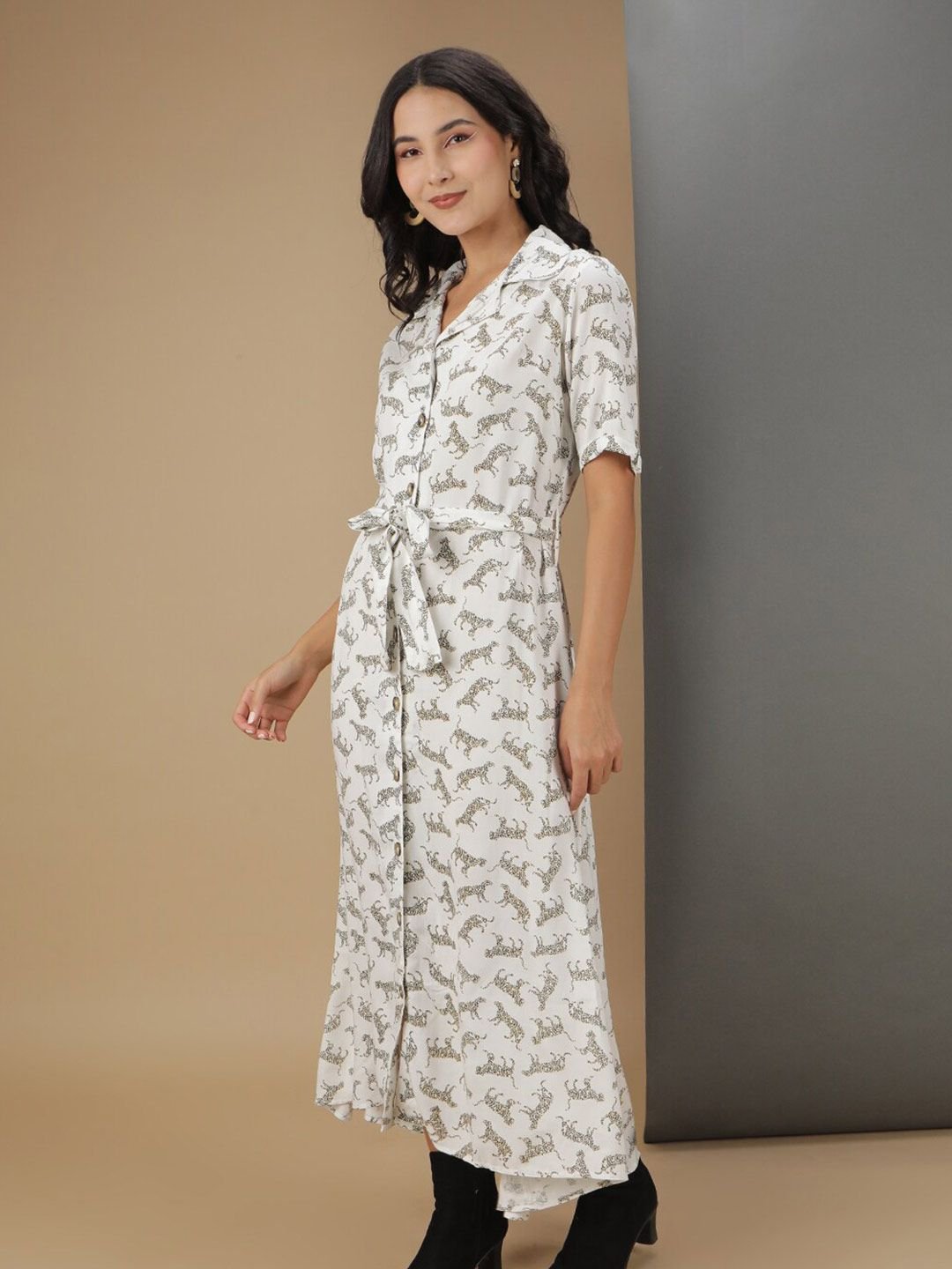 White Printed Collared Shirt Midi Dress