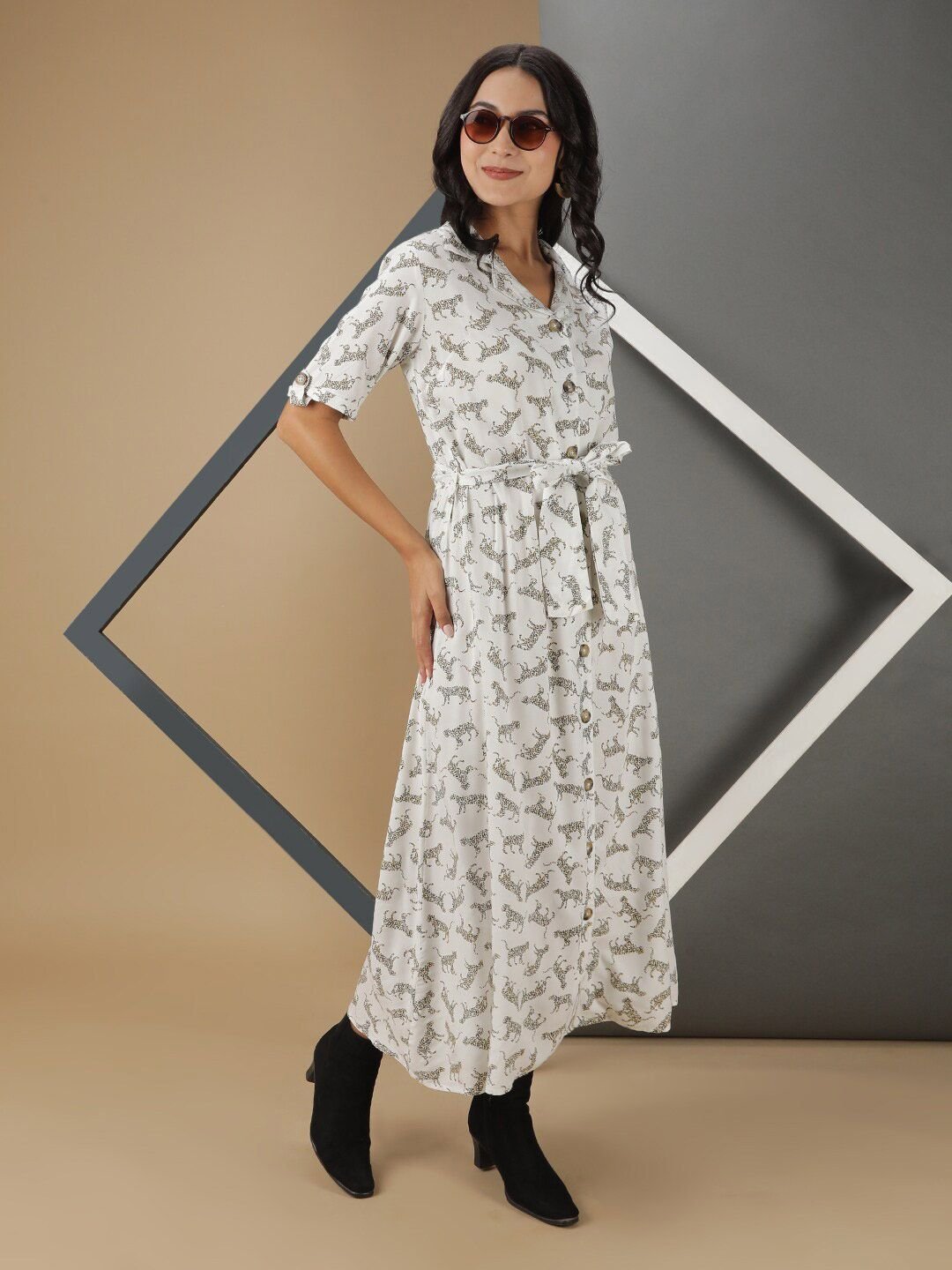 White Printed Collared Shirt Midi Dress