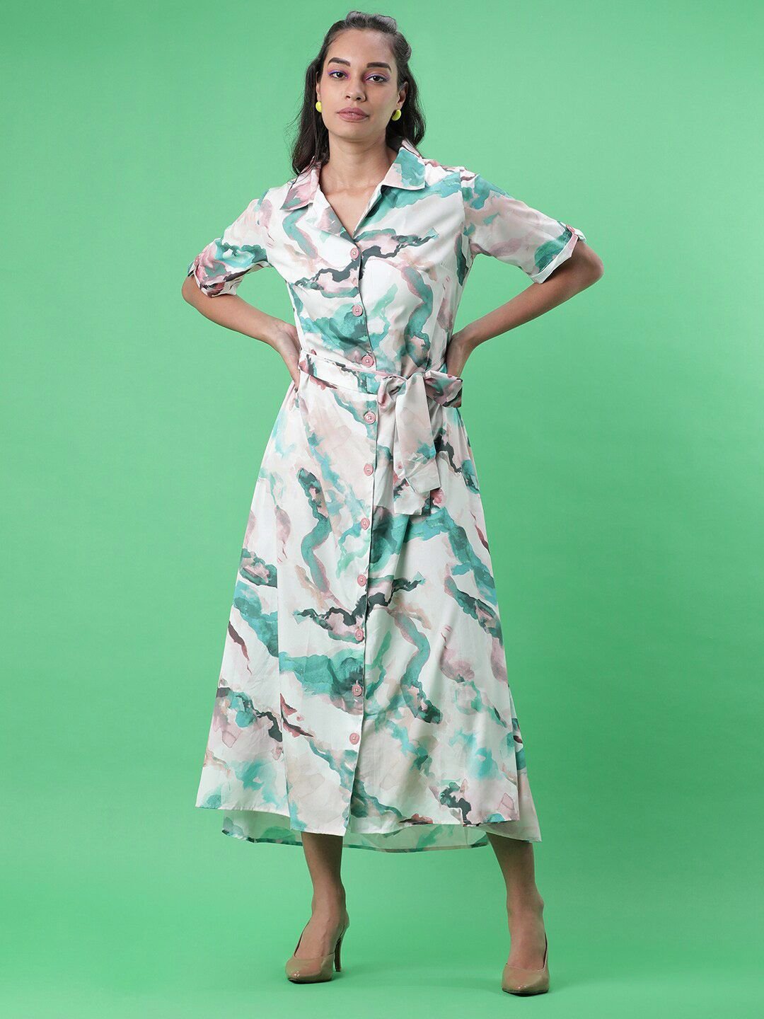 Multi Solid Collared A-Line Midi Dress