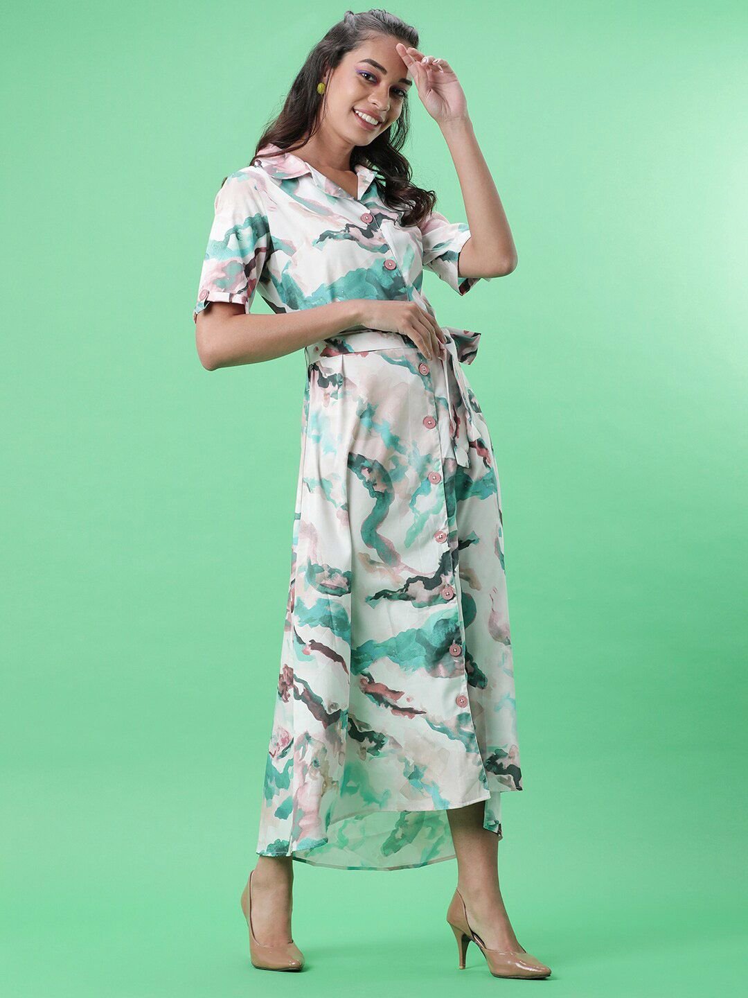 Multi Solid Collared A-Line Midi Dress