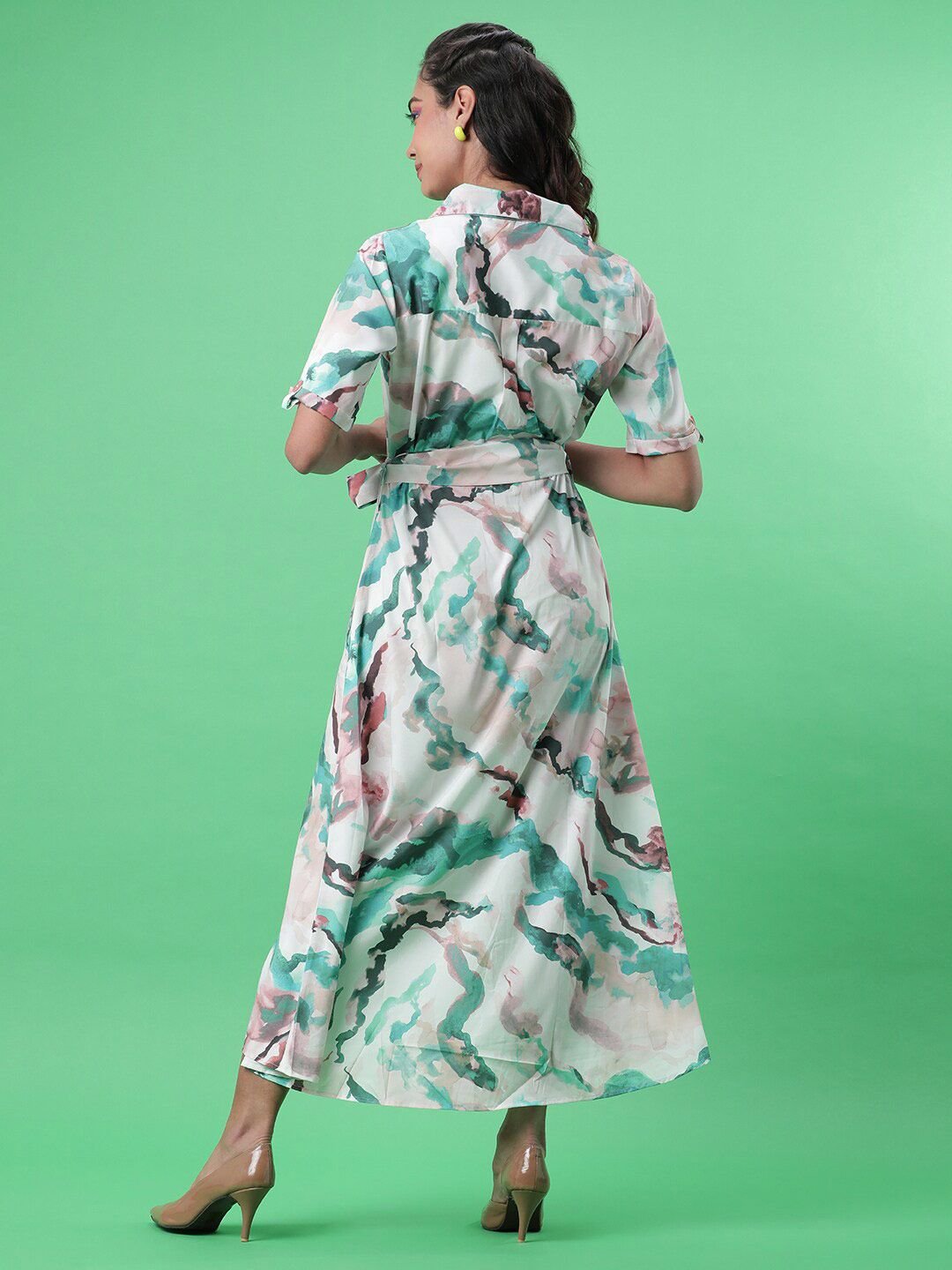 Multi Solid Collared A-Line Midi Dress