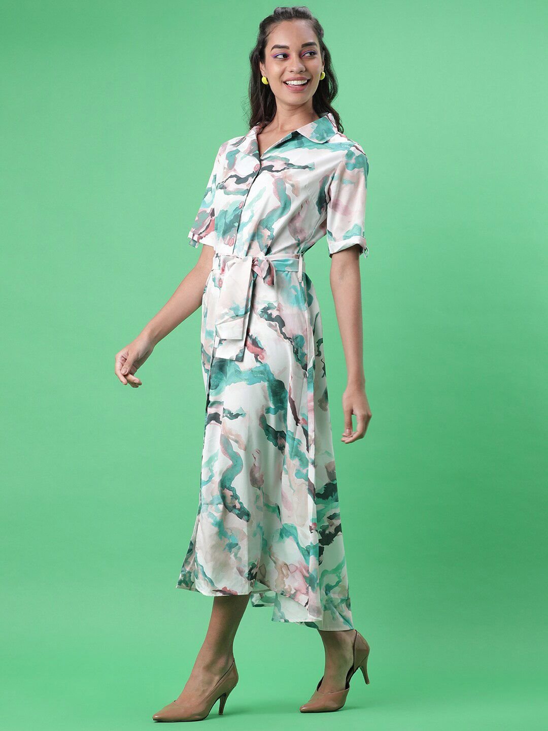 Multi Solid Collared A-Line Midi Dress