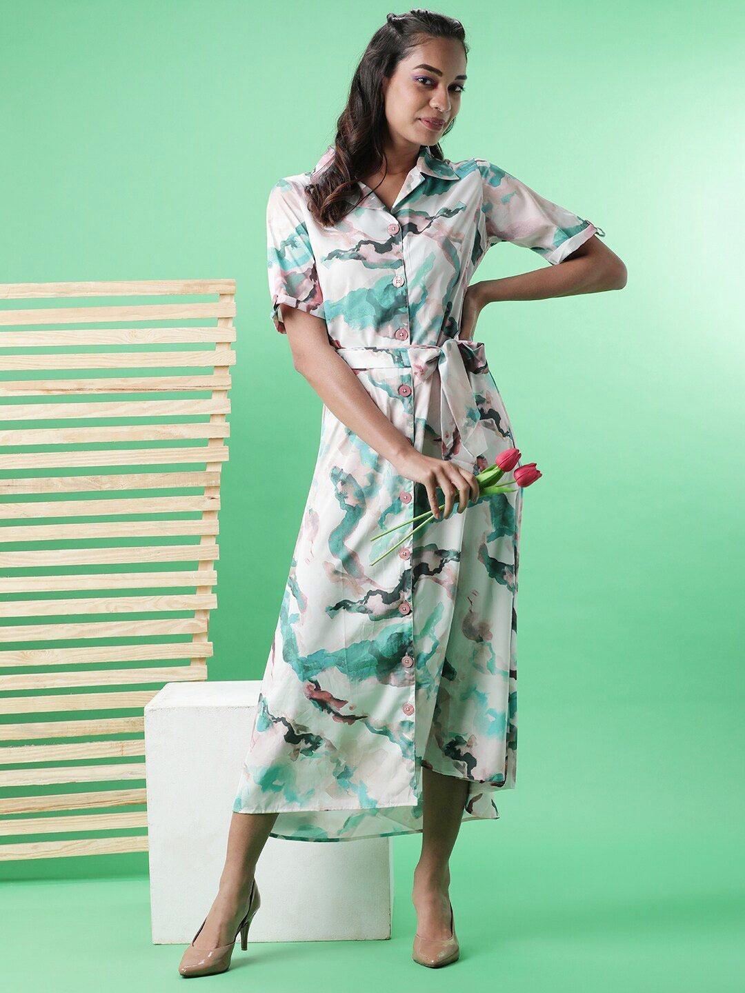 Multi Solid Collared A-Line Midi Dress