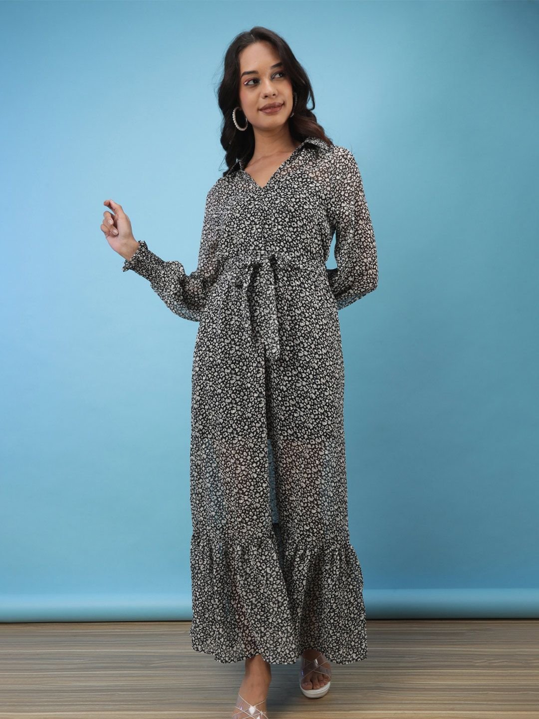 Black Printed V Neck A-Line Maxi Dress