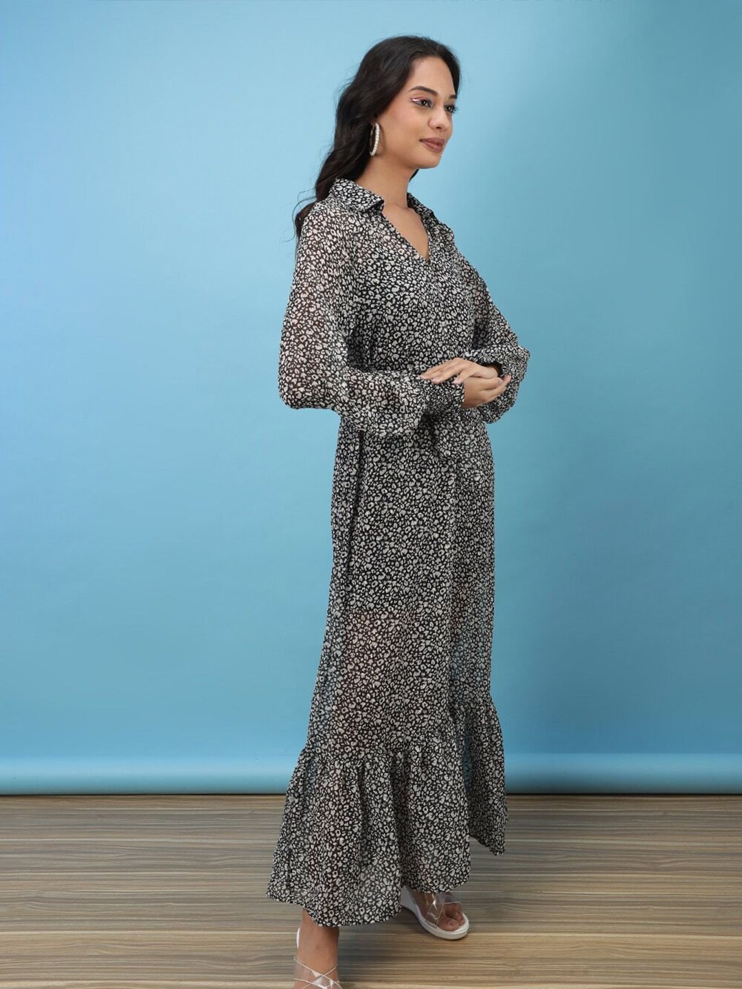 Black Printed V Neck A-Line Maxi Dress