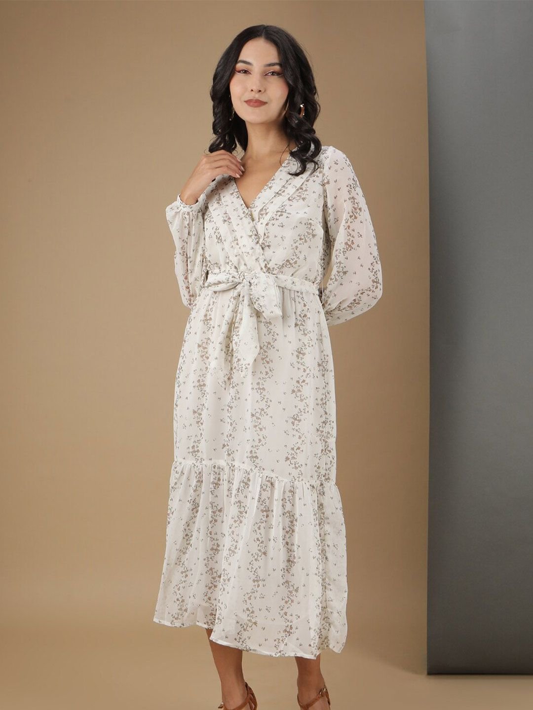 Off White Printed V Neck Fit and Flare Midi Dress