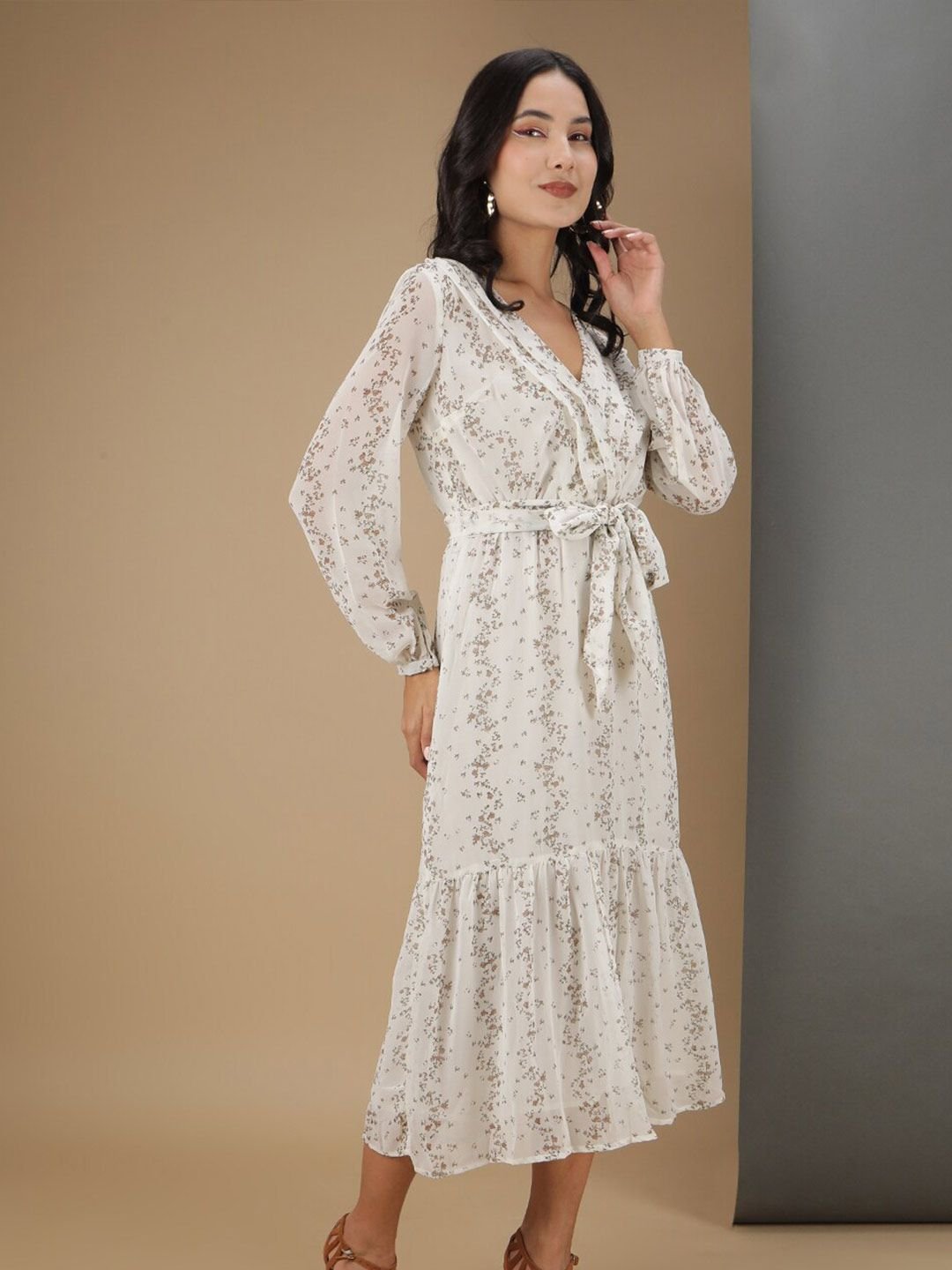 Off White Printed V Neck Fit and Flare Midi Dress