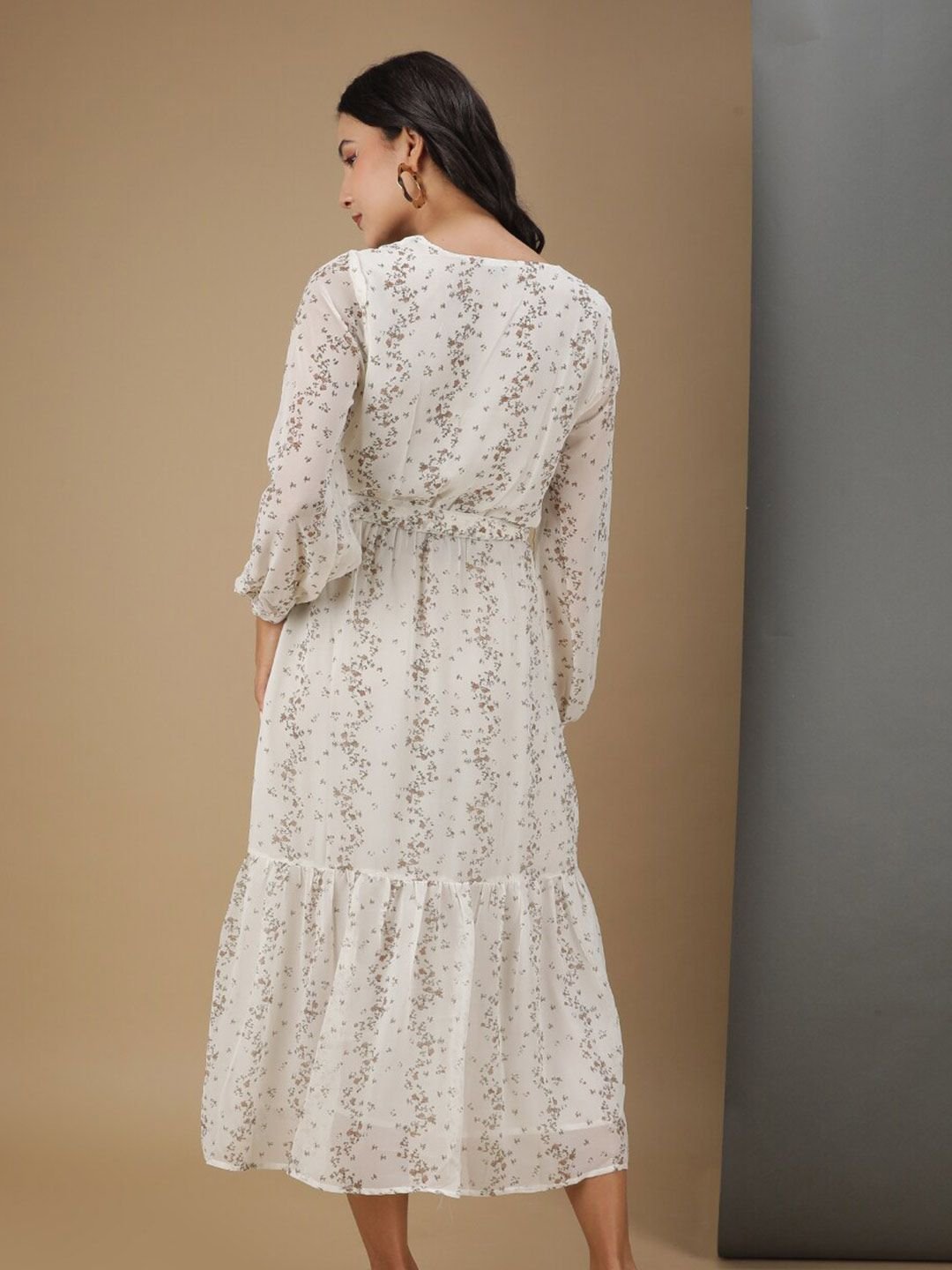 Off White Printed V Neck Fit and Flare Midi Dress