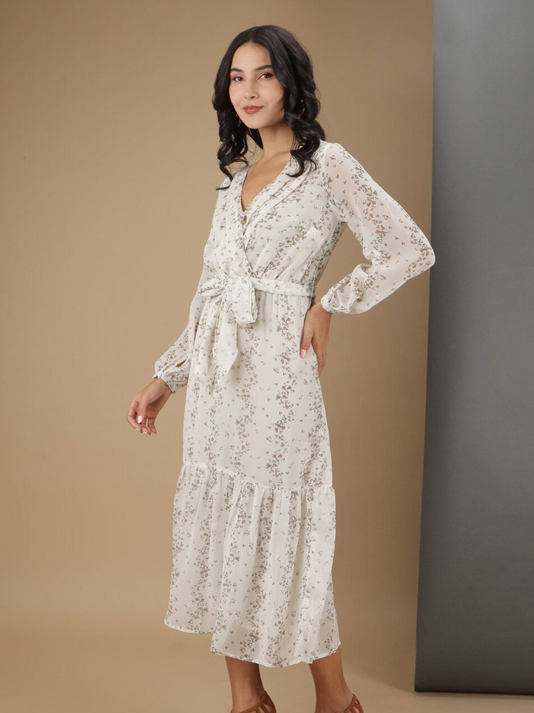 Off White Printed V Neck Fit and Flare Midi Dress