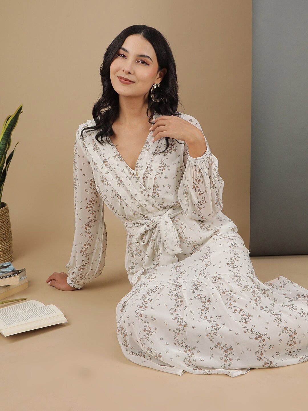 Off White Printed V Neck Fit and Flare Midi Dress